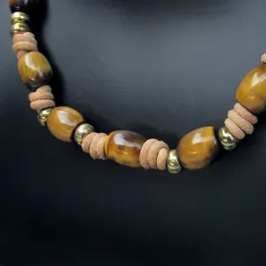 Tiger Eye and Brass Hand Knotted on Natural Leather Necklace