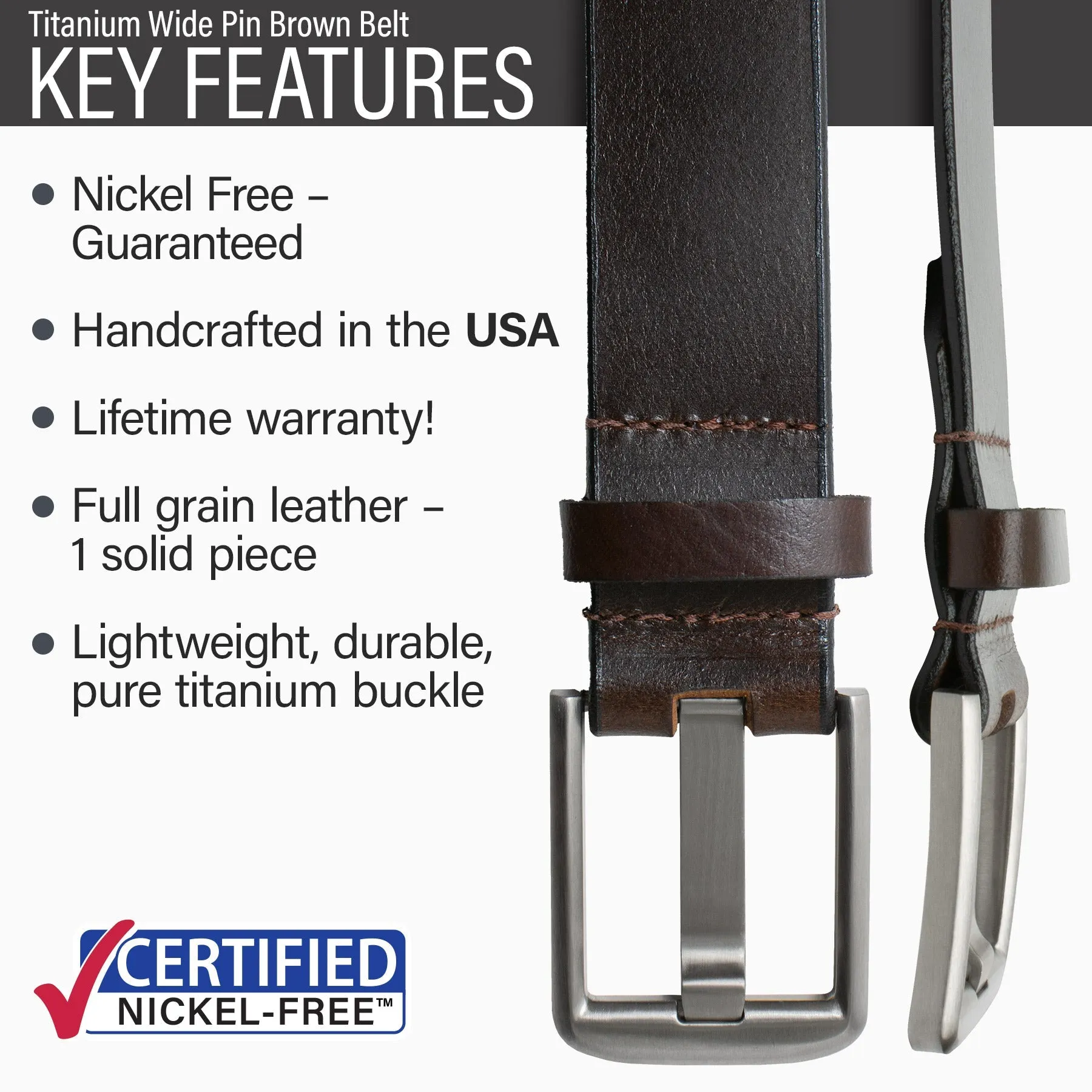 Titanium Wide Pin Brown Leather Belt by Nickel Smart®