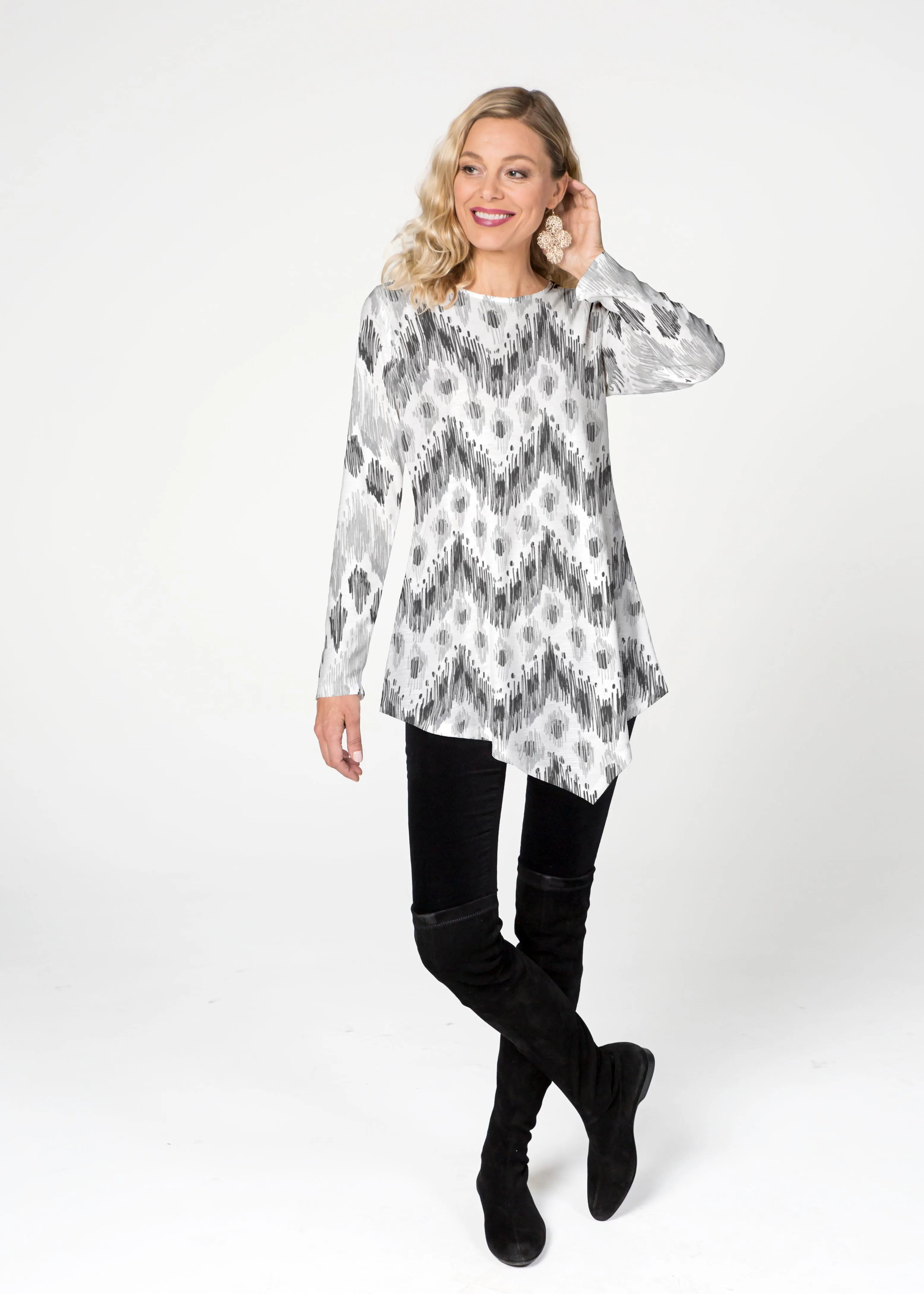 Tonal Waves Black (7834) ~ Asymmetrical French Terry Tunic