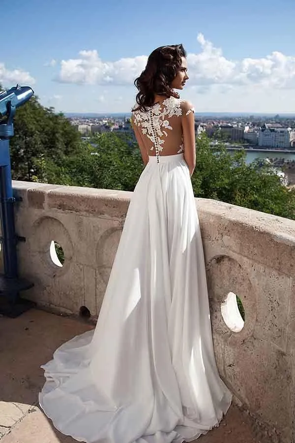 Top lace Appliques Side Slit Chiffon Beach Wedding Dress PG413