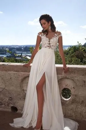 Top lace Appliques Side Slit Chiffon Beach Wedding Dress PG413