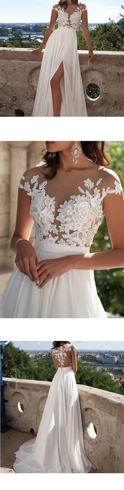 Top lace Appliques Side Slit Chiffon Beach Wedding Dress PG413
