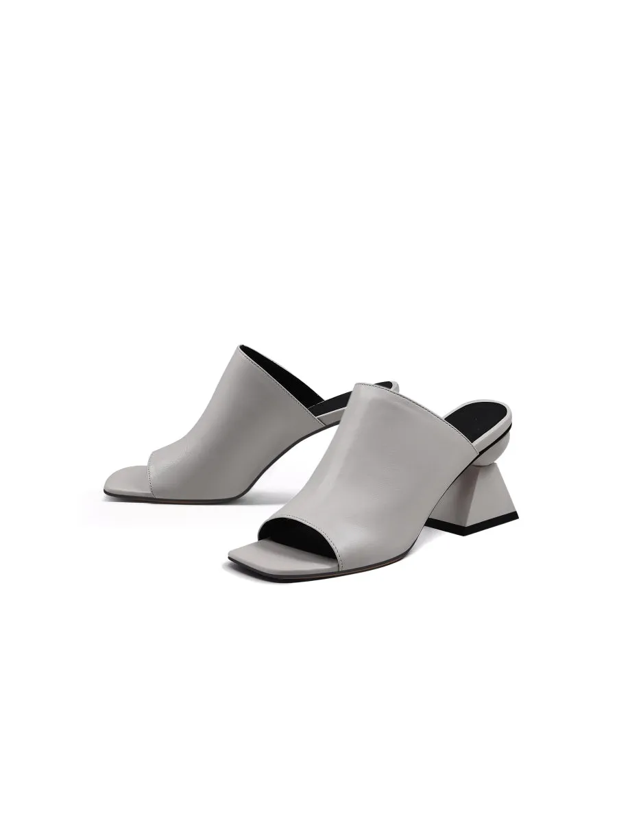 Triangular-Heel Leather Mule - Grey