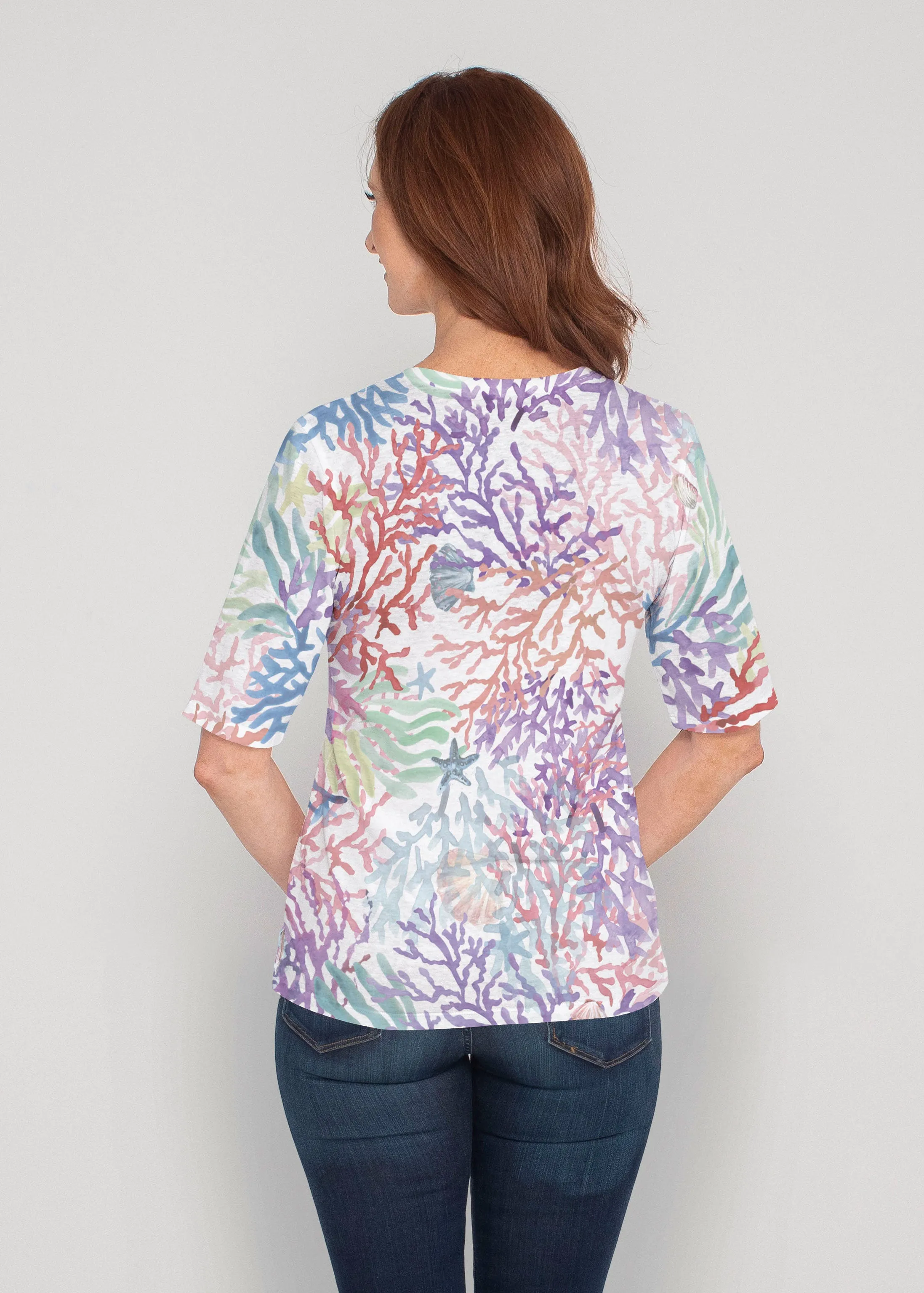 Tropic Coral (8112) ~ Signature Elbow Sleeve V-Neck Top