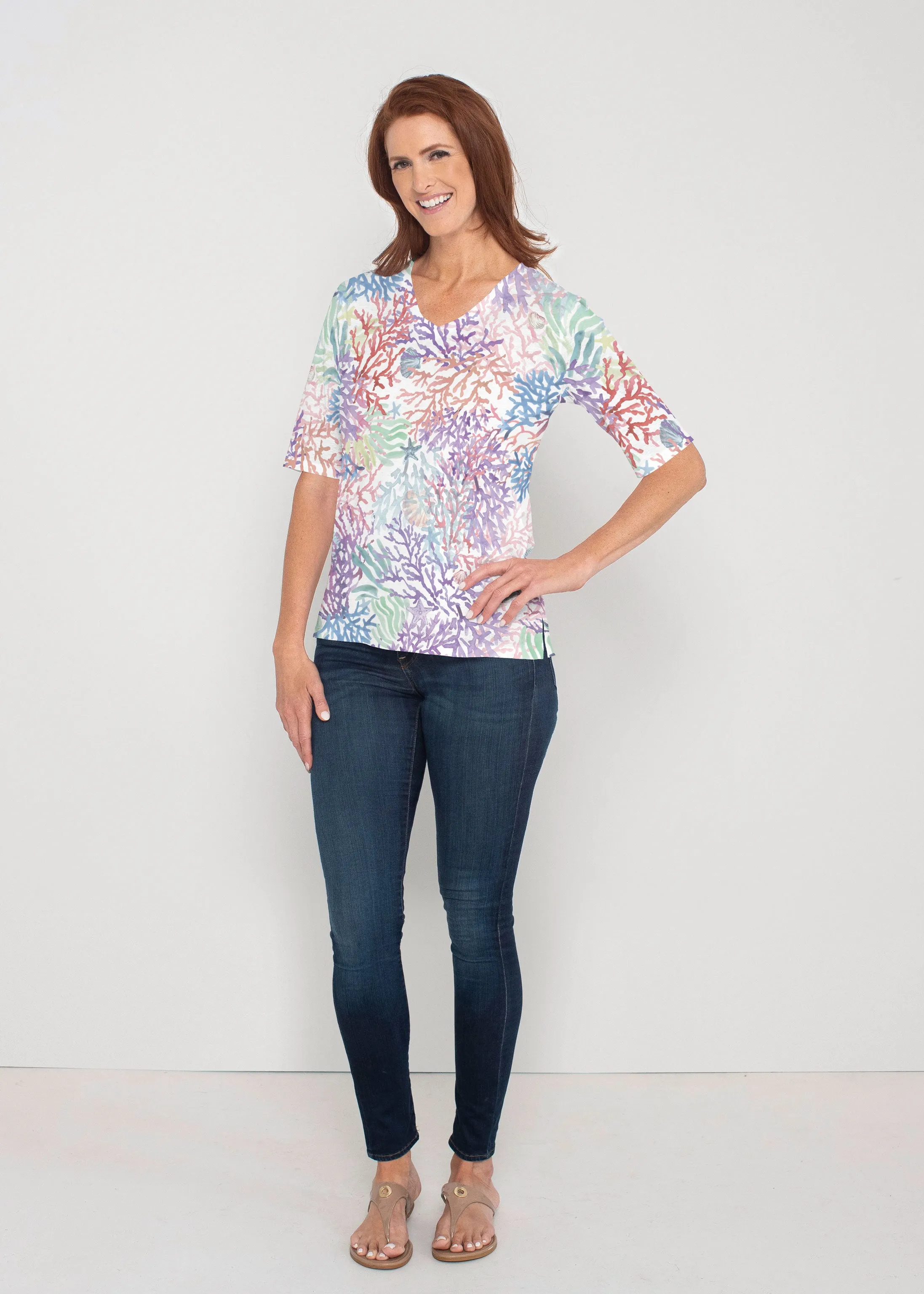 Tropic Coral (8112) ~ Signature Elbow Sleeve V-Neck Top