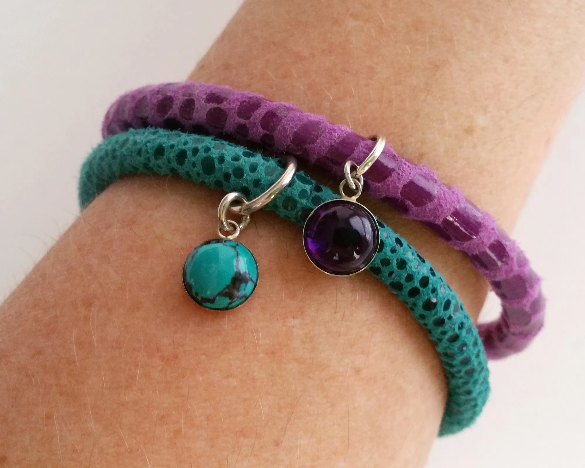 Turquoise Gem Charm Leather Bracelet