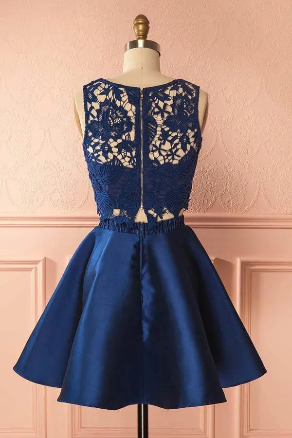 Two Piece Dark Blue Satin Homecoming Dress with Lace Appliques PG157