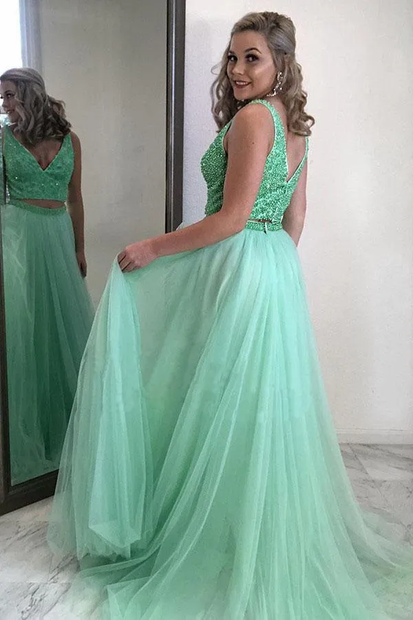 Two Piece Mint Green Chiffon Beading Long Prom/Evening Dress TP0910