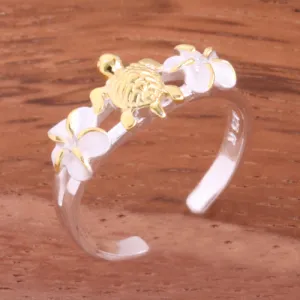 Two Tone Yellow Gold Plated 6mm Plumeria and Honu Toe Ring
