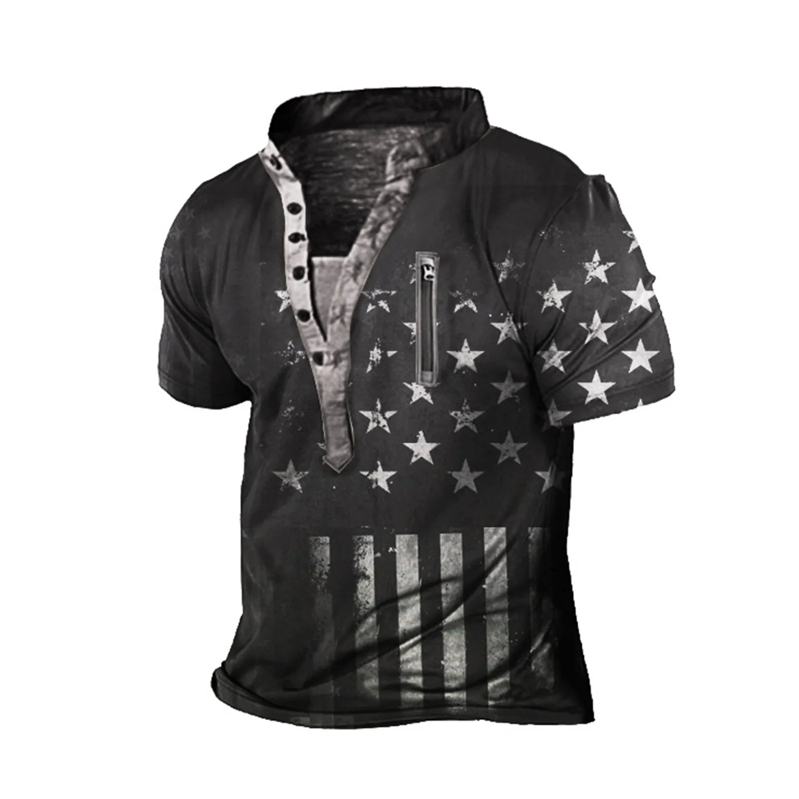 USA FLAG PRINTED HENLEY TEE