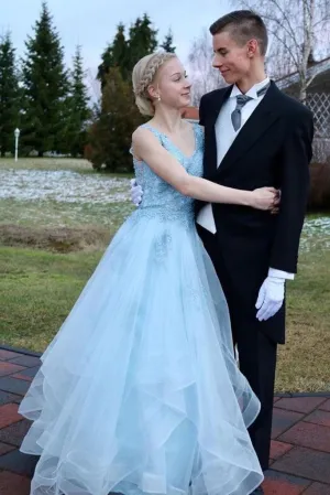 V Neck Open Back Blue Long Prom Dresses Graduation Dresses TP1089