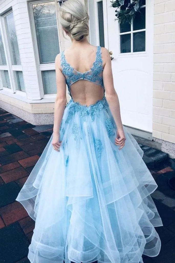 V Neck Open Back Blue Long Prom Dresses Graduation Dresses TP1089