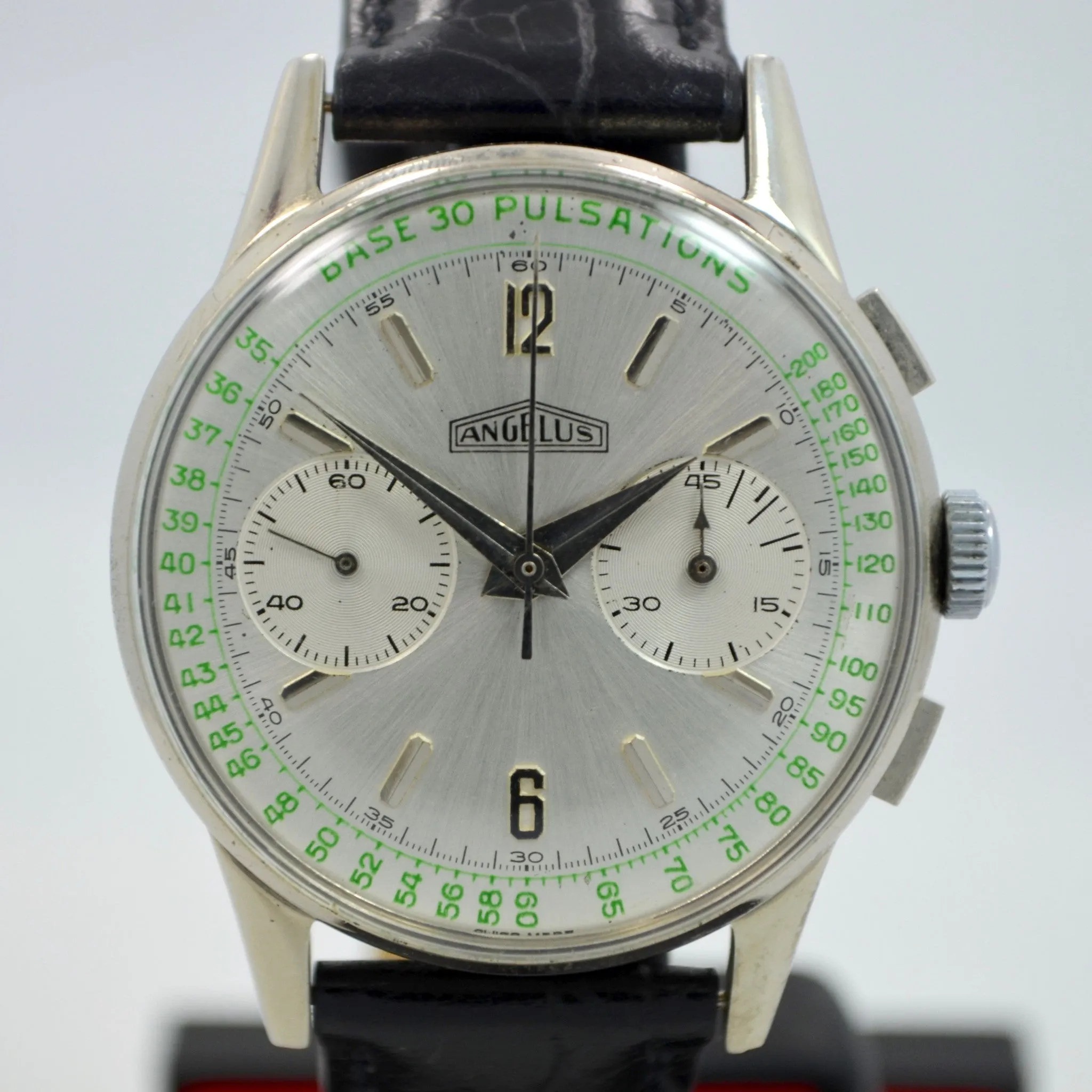 Vintage Angelus Steel Chronograph Pulsations Oversized Manual Wind Watch