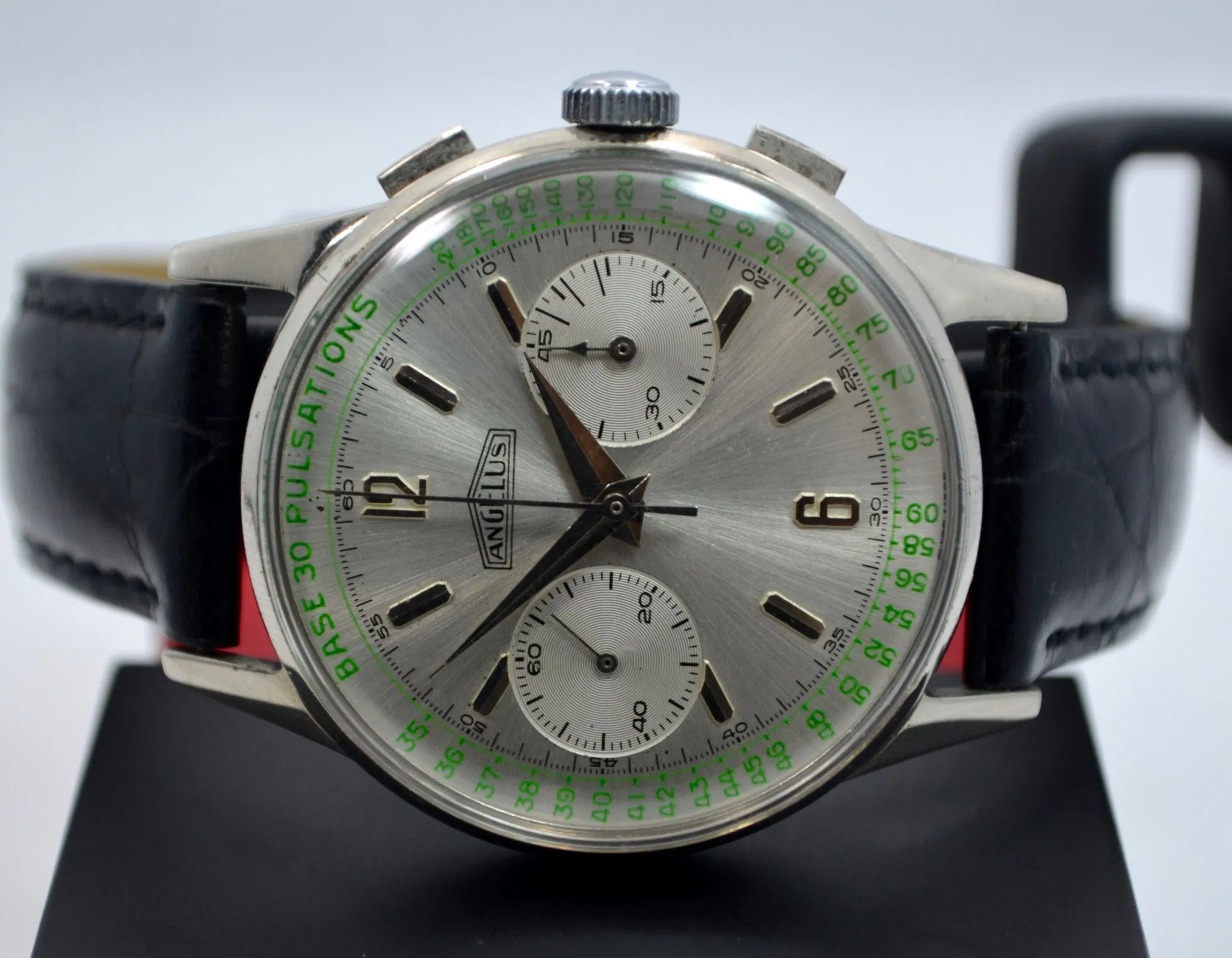 Vintage Angelus Steel Chronograph Pulsations Oversized Manual Wind Watch