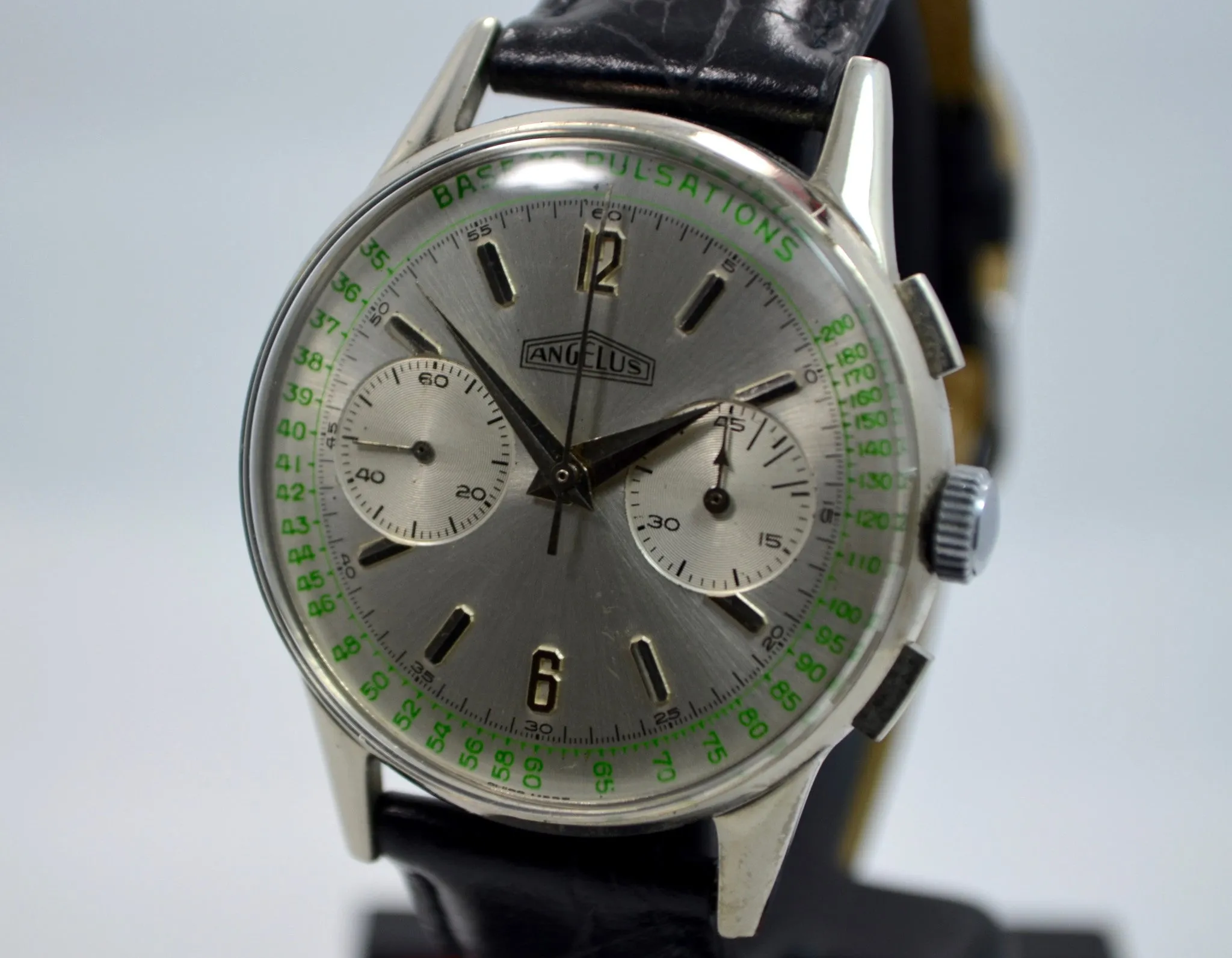 Vintage Angelus Steel Chronograph Pulsations Oversized Manual Wind Watch
