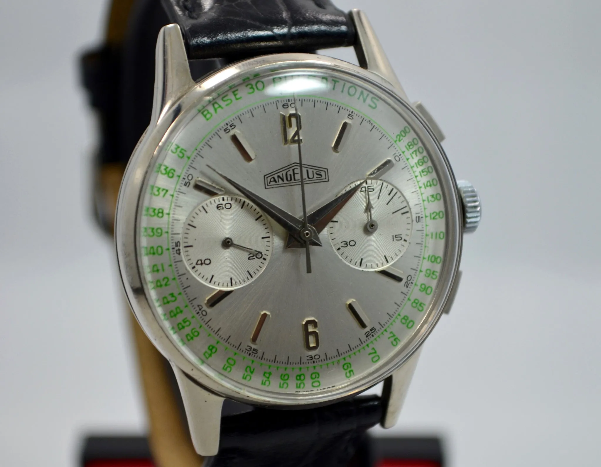 Vintage Angelus Steel Chronograph Pulsations Oversized Manual Wind Watch