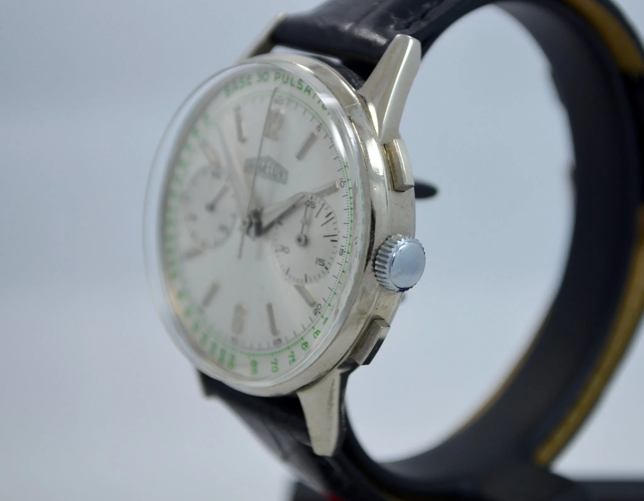 Vintage Angelus Steel Chronograph Pulsations Oversized Manual Wind Watch