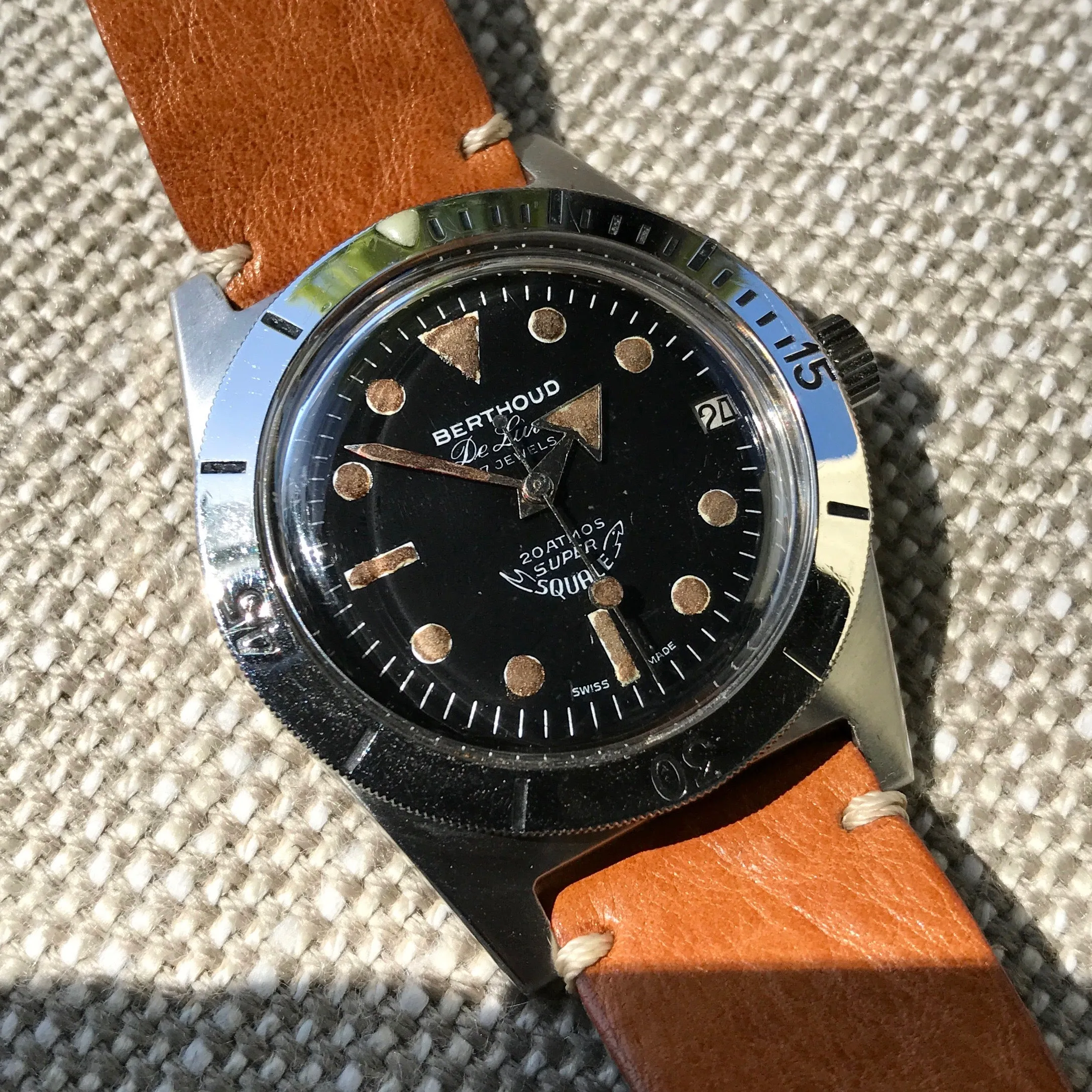 Vintage Berthoud De Luxe Super Squale 1157 Automatic Black Dial Leather Wristwatch