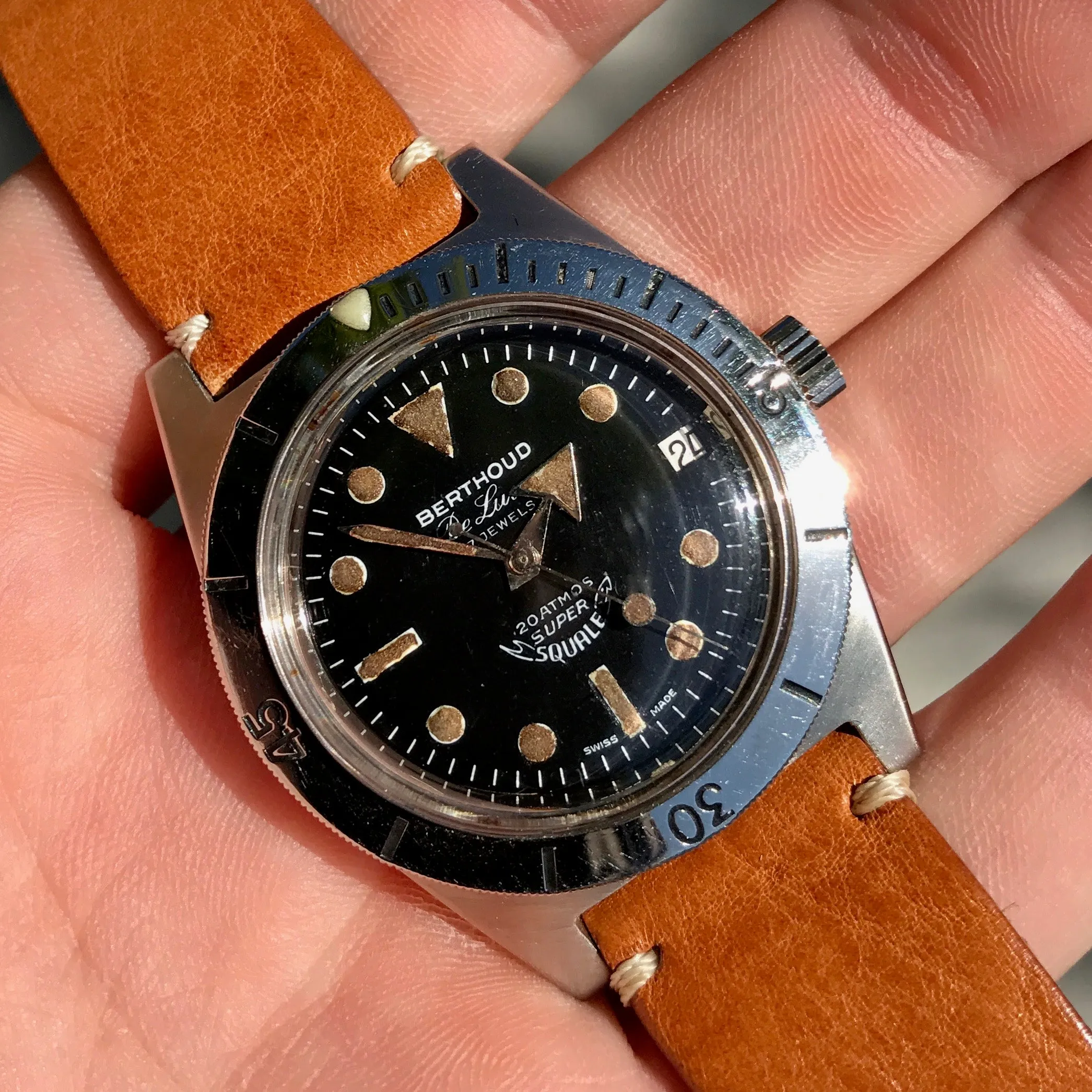 Vintage Berthoud De Luxe Super Squale 1157 Automatic Black Dial Leather Wristwatch