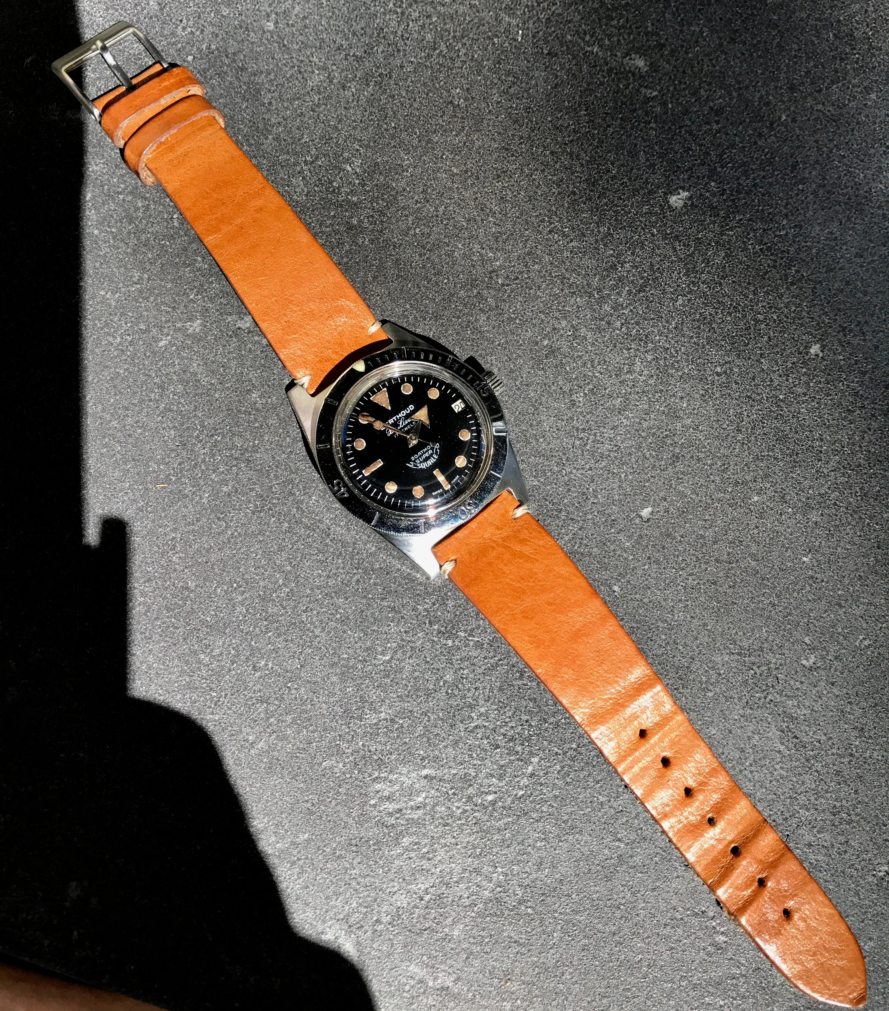 Vintage Berthoud De Luxe Super Squale 1157 Automatic Black Dial Leather Wristwatch