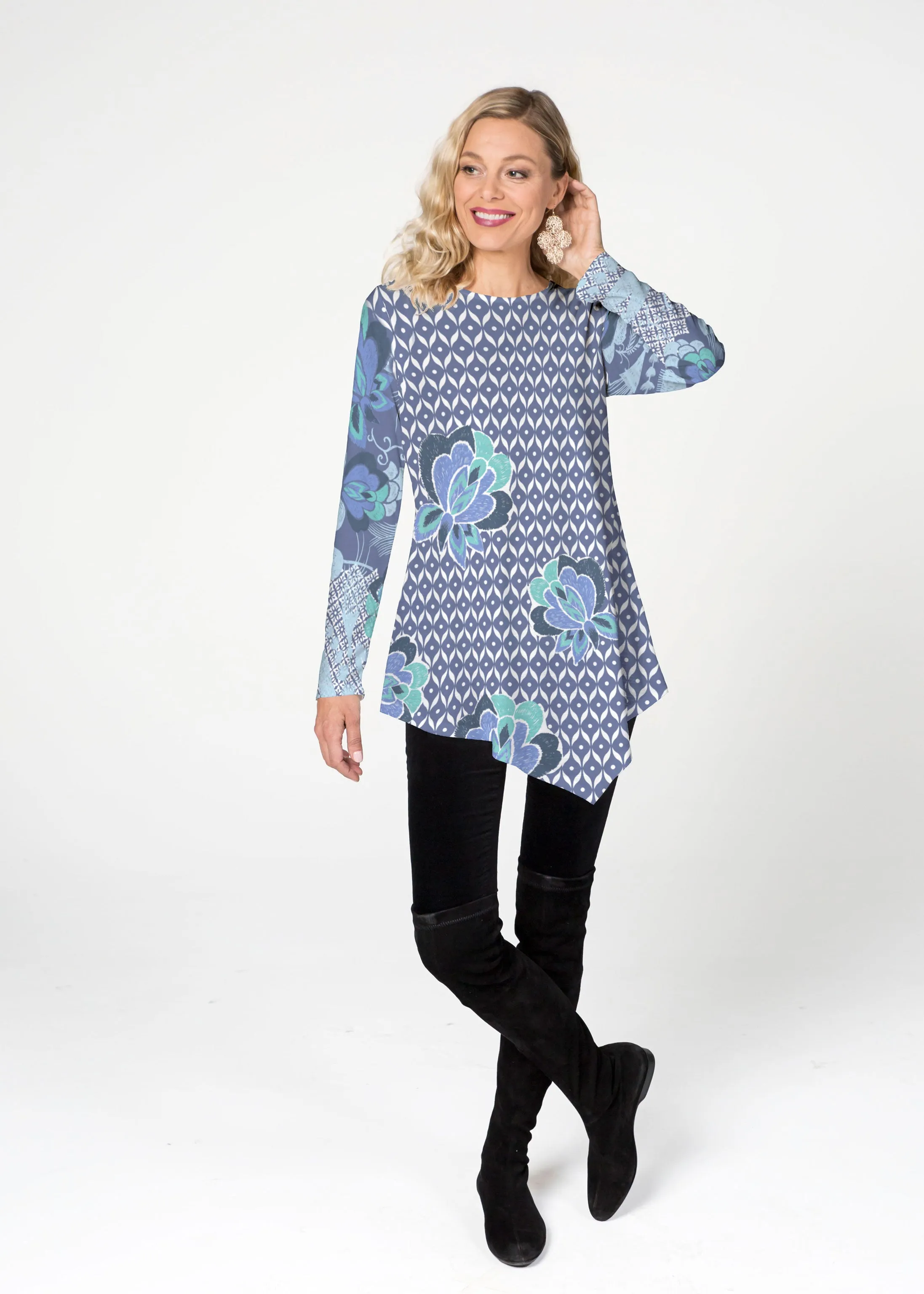 Vintage Blooms Blue (8060) ~ Asymmetrical French Terry Tunic