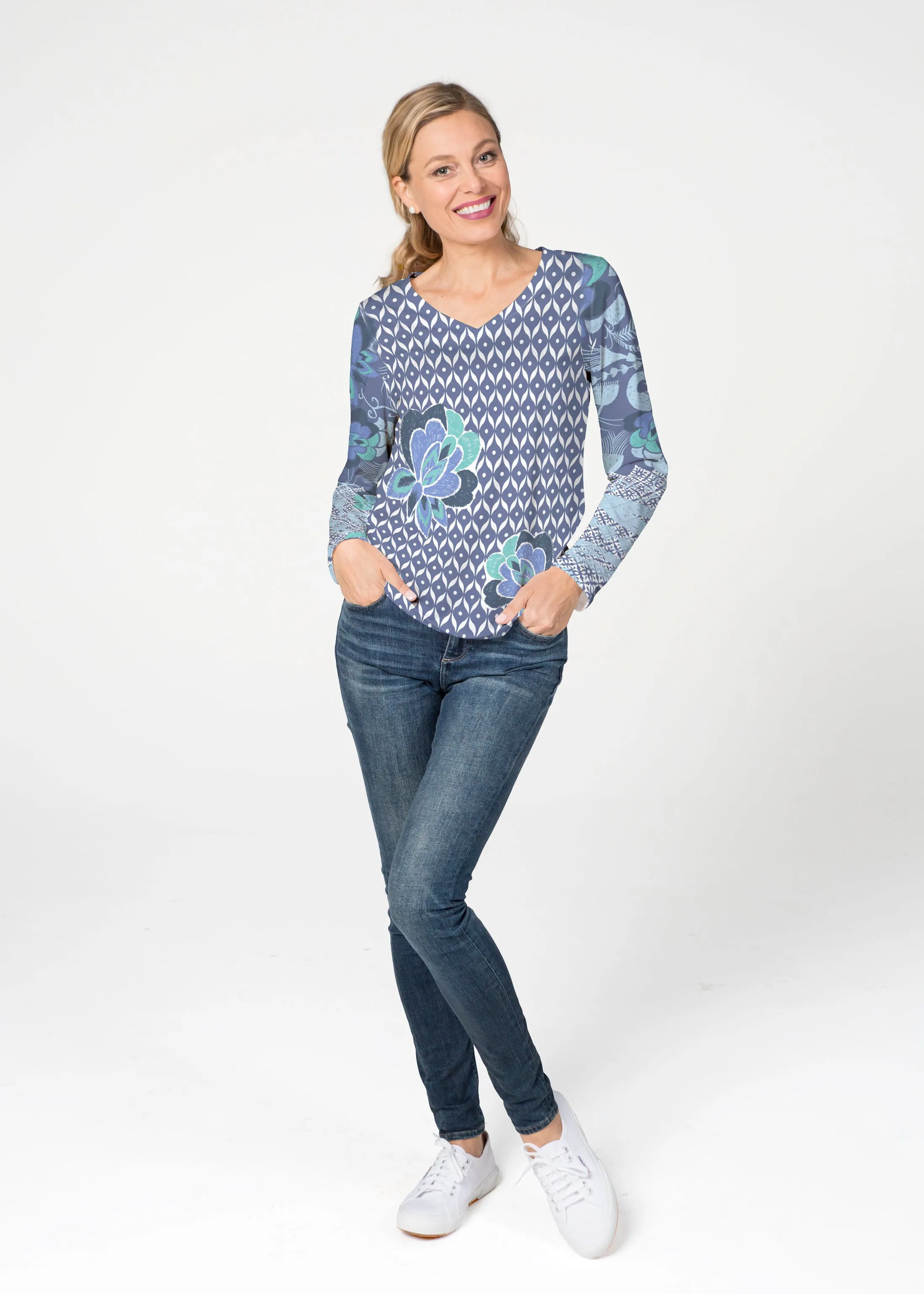 Vintage Blooms Blue (8060) ~ French Terry V-neck Top
