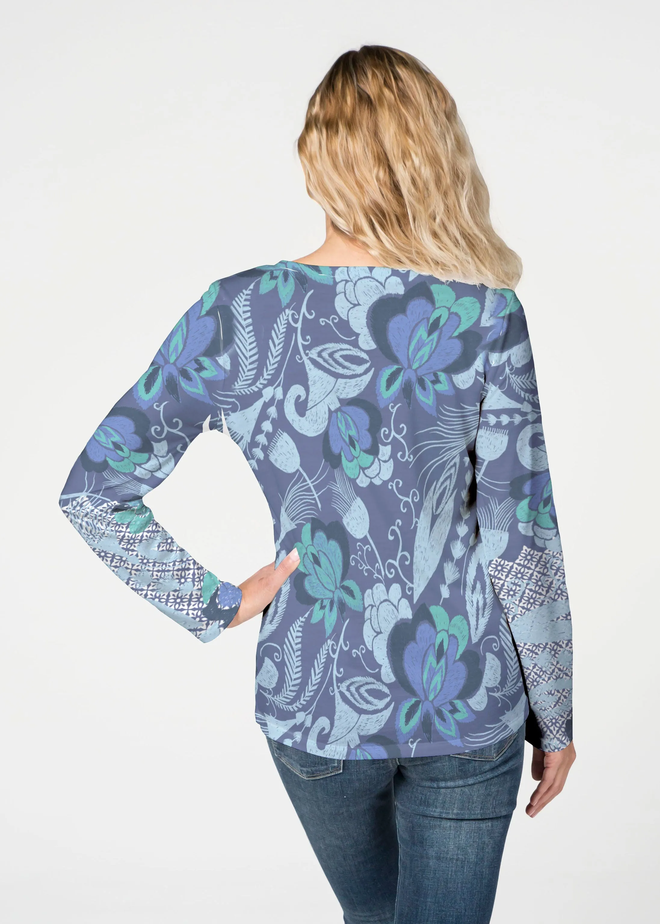 Vintage Blooms Blue (8060) ~ French Terry V-neck Top