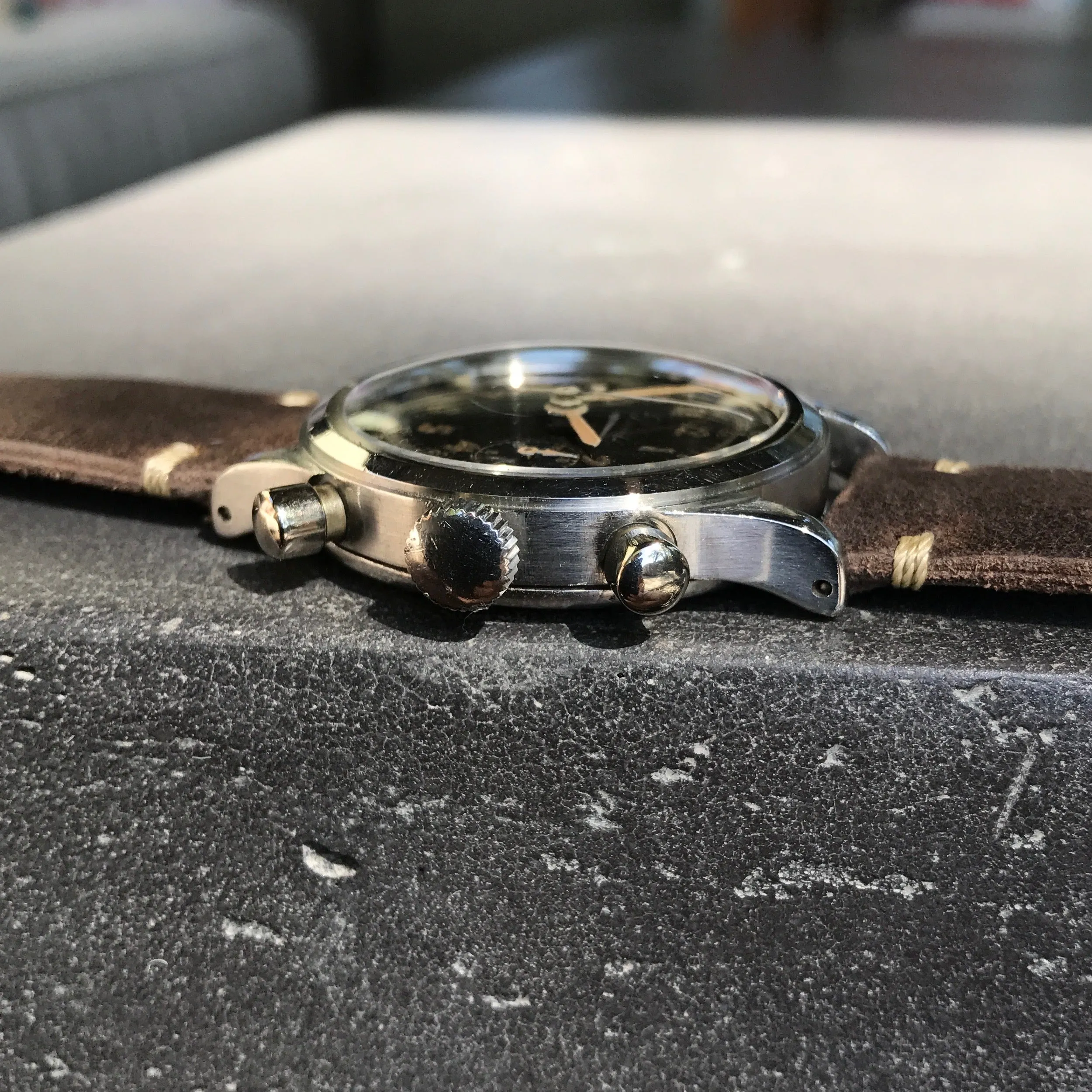 Vintage Bovet Mono-Rattrapante Steel Valjoux 84 Chronograph Black 38mm Leather Wristwatch
