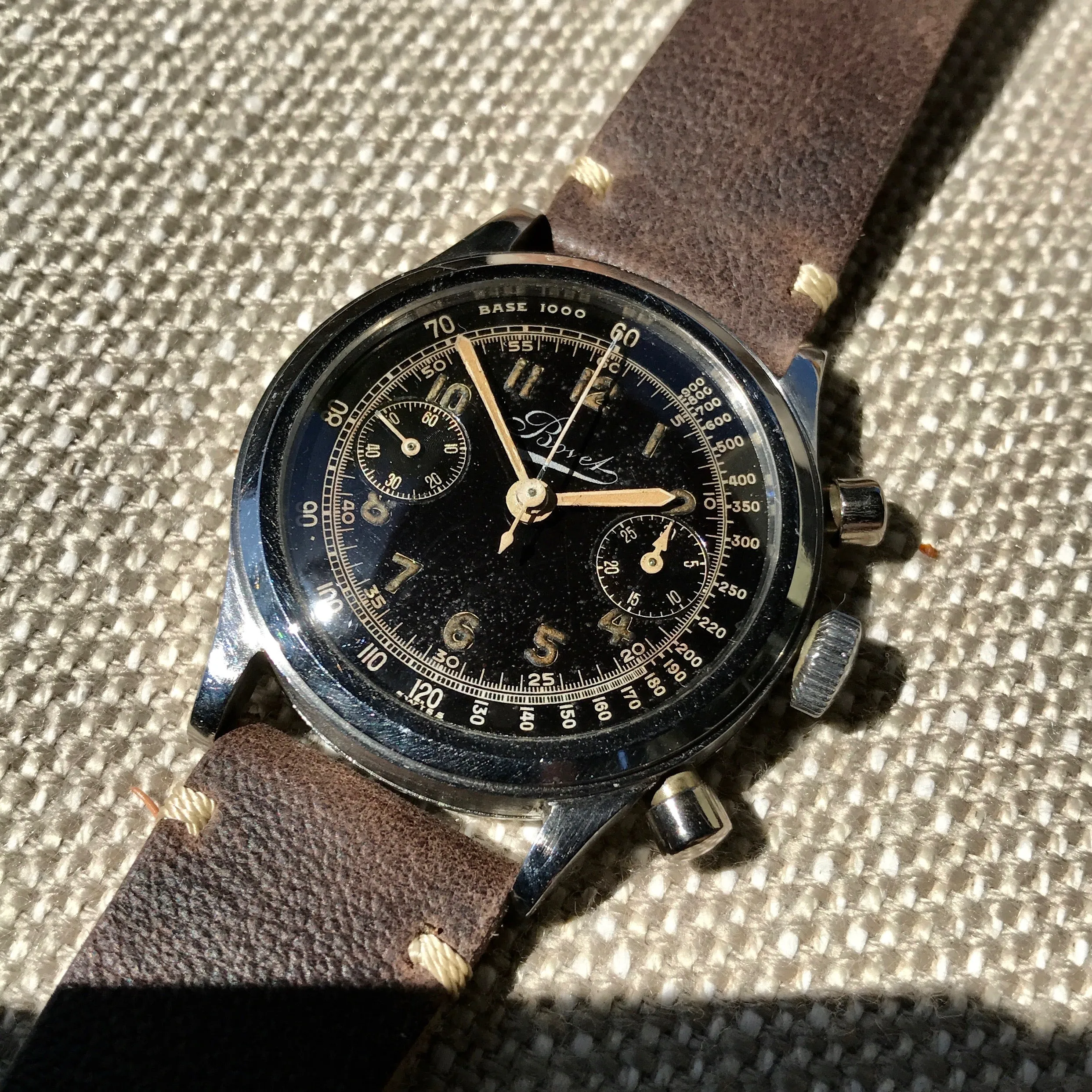 Vintage Bovet Mono-Rattrapante Steel Valjoux 84 Chronograph Black 38mm Leather Wristwatch