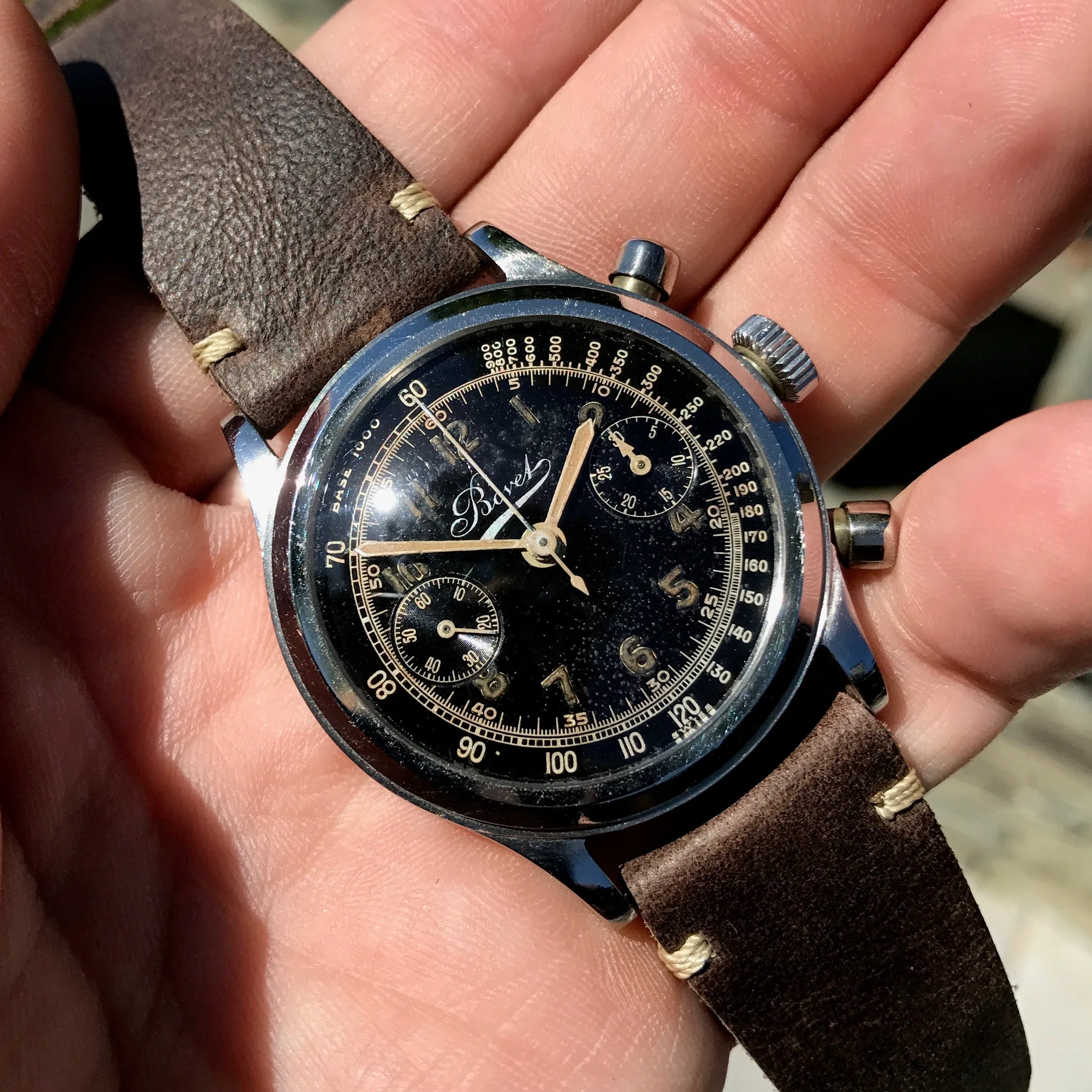 Vintage Bovet Mono-Rattrapante Steel Valjoux 84 Chronograph Black 38mm Leather Wristwatch
