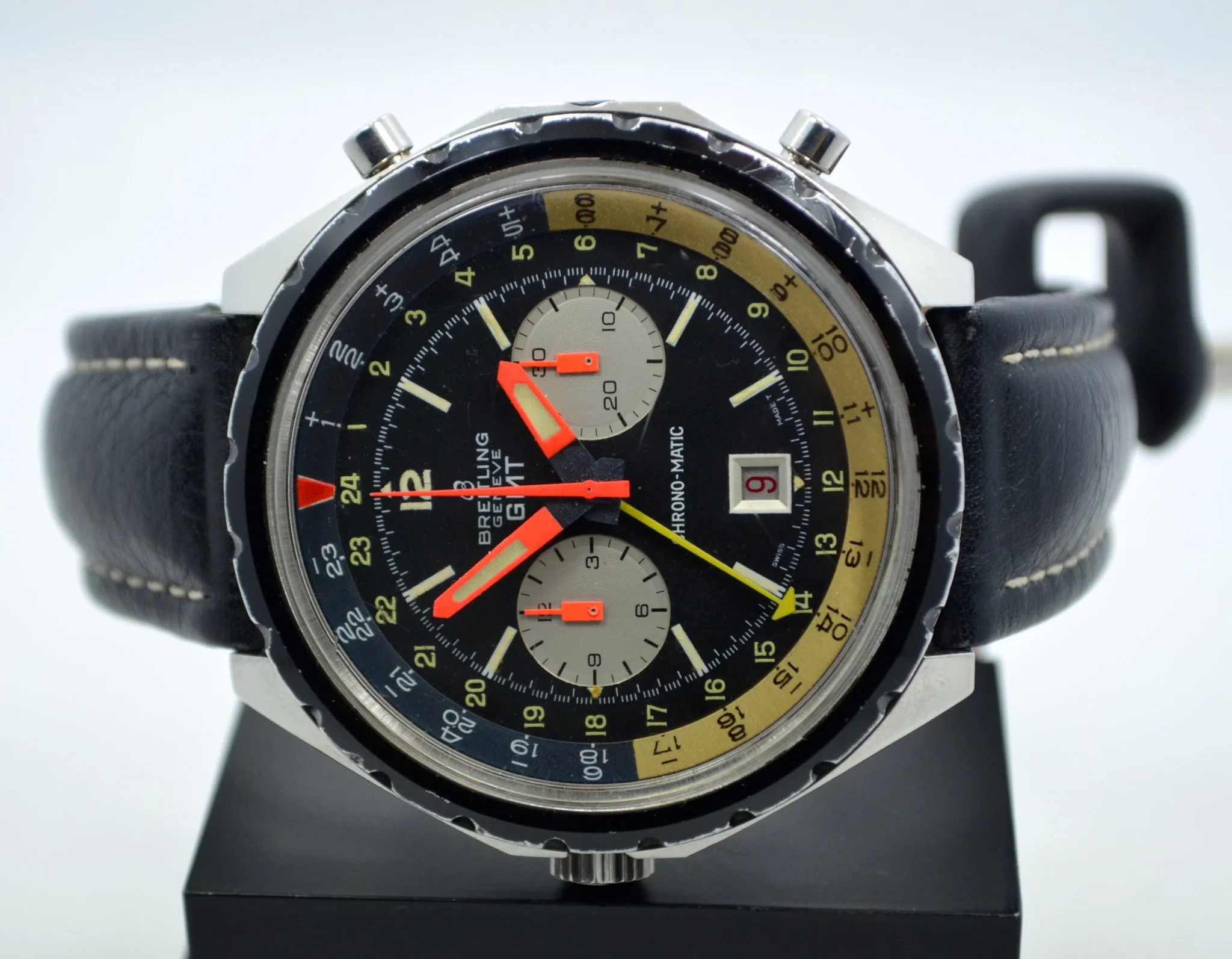 Vintage Breitling GMT 2115 Chrono-matic Cal. 11 Steel Leather Wristwatch 1967