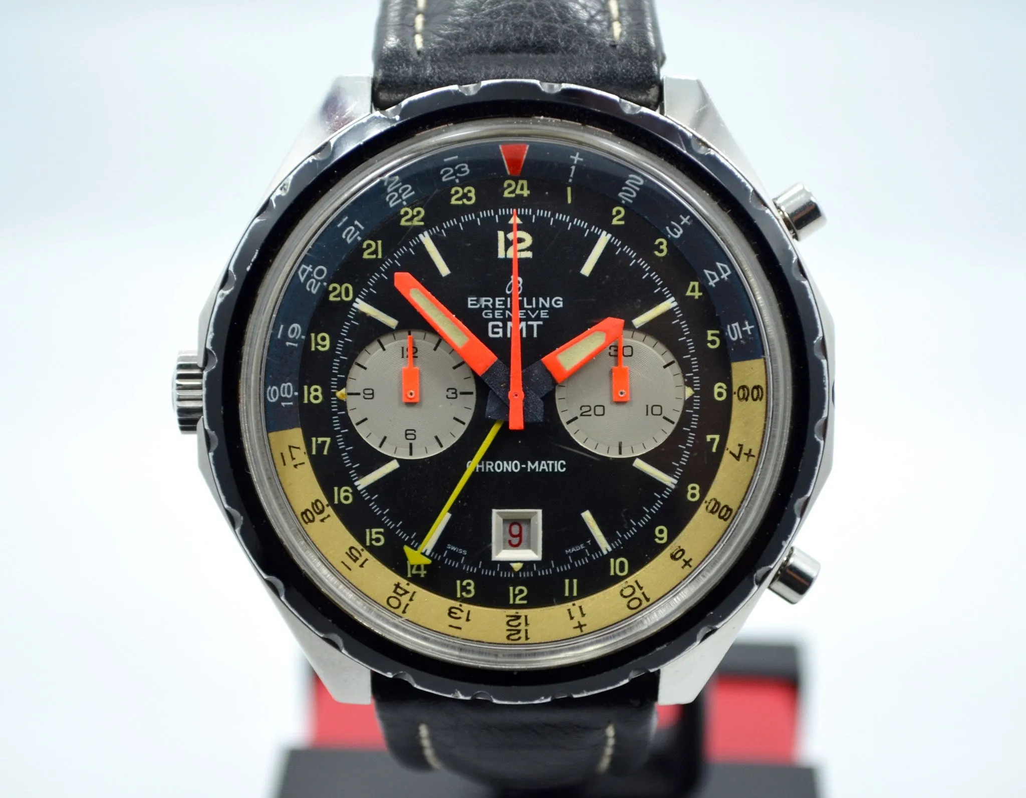 Vintage Breitling GMT 2115 Chrono-matic Cal. 11 Steel Leather Wristwatch 1967