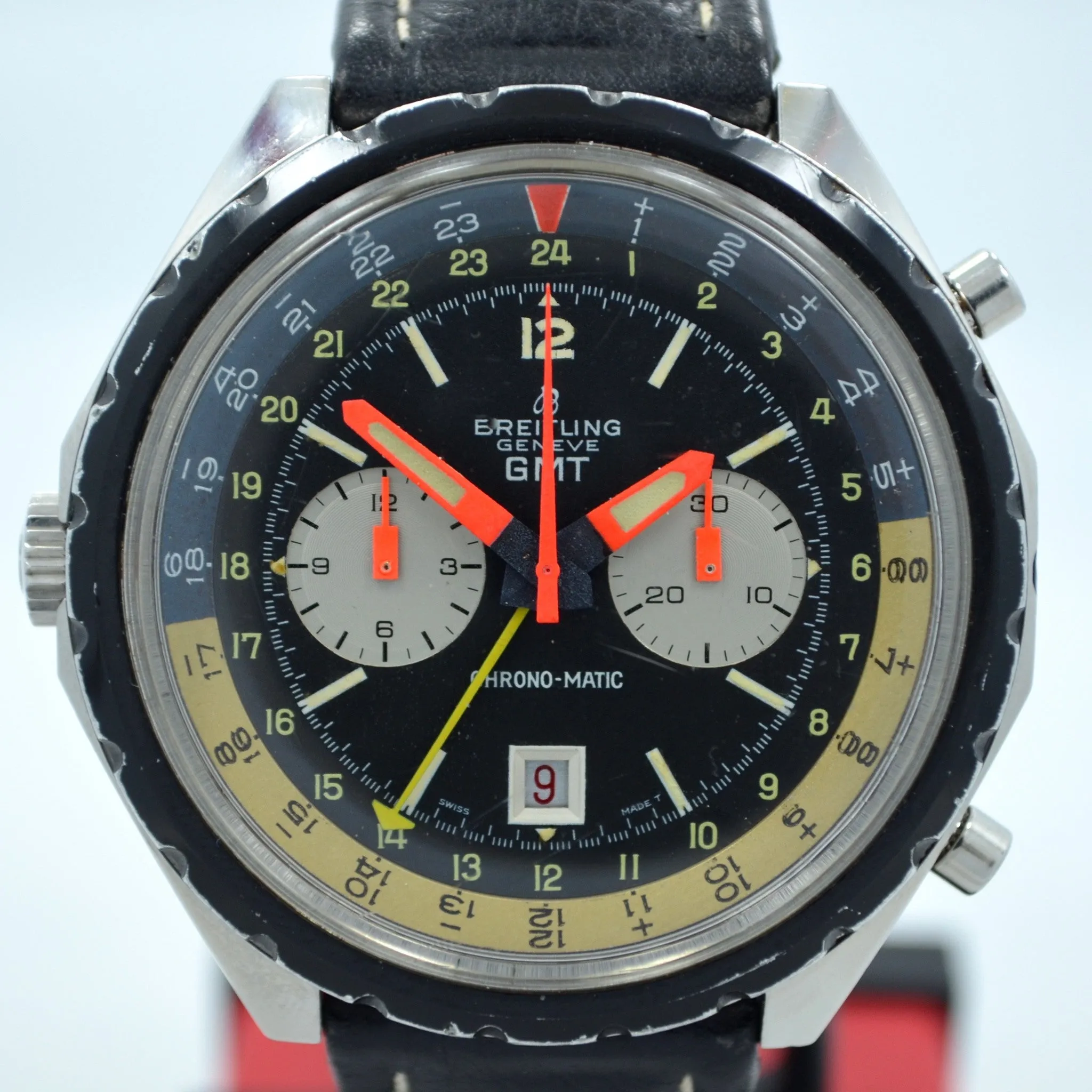 Vintage Breitling GMT 2115 Chrono-matic Cal. 11 Steel Leather Wristwatch 1967