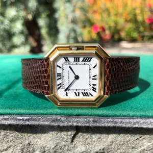 Vintage Cartier Ceinture Automatic 18K Yellow Gold Jumbo Leather Deployment Wristwatch