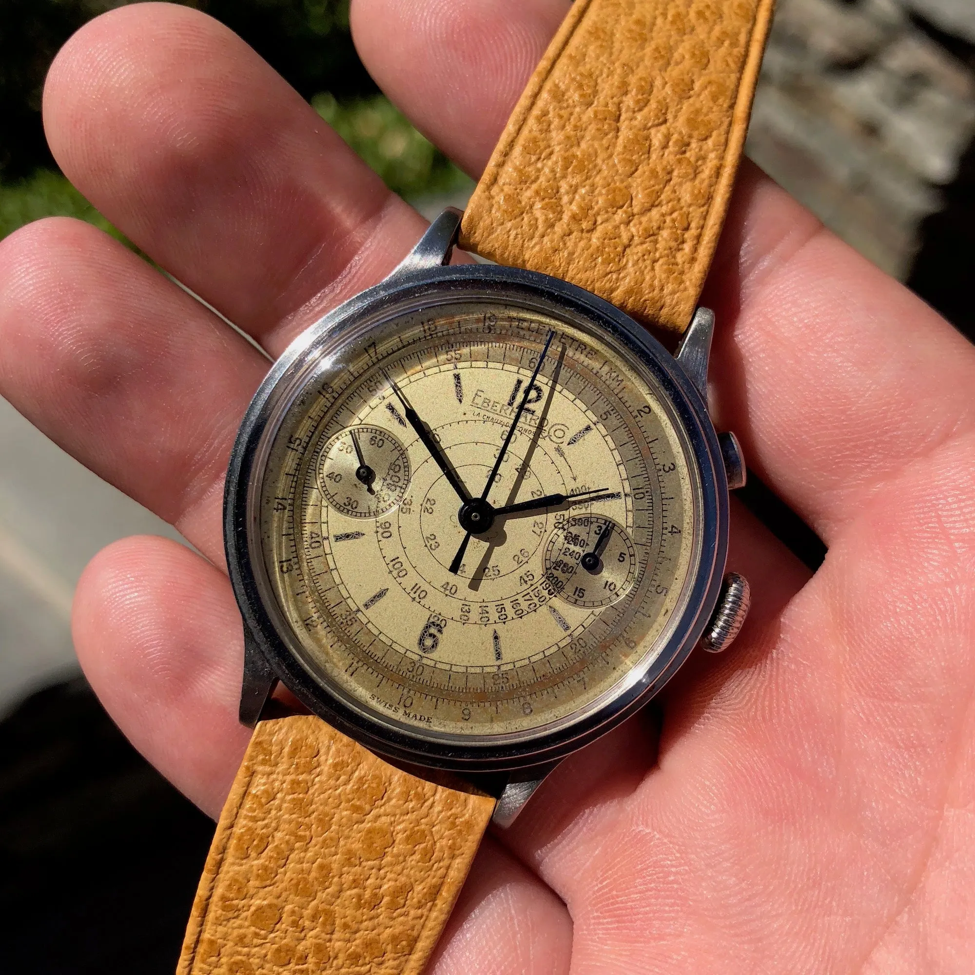 Vintage Eberhard & Co Single Button Steel Chronograph 40mm Oversized Wristwatch Circa 1940's