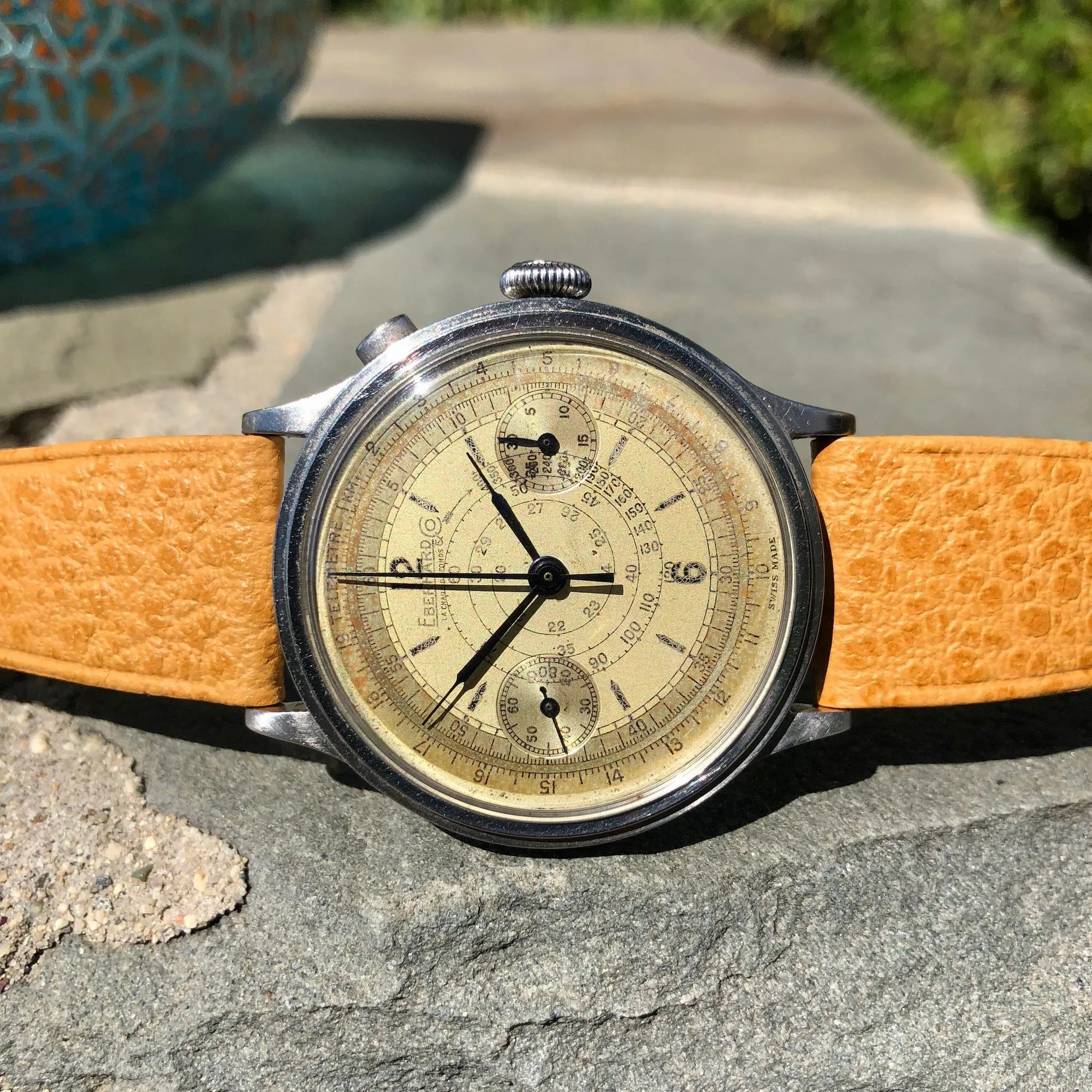 Vintage Eberhard & Co Single Button Steel Chronograph 40mm Oversized Wristwatch Circa 1940's