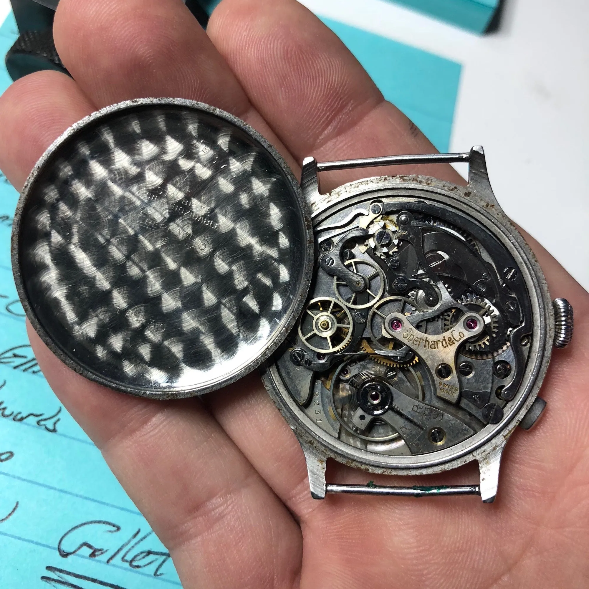 Vintage Eberhard & Co Single Button Steel Chronograph 40mm Oversized Wristwatch Circa 1940's