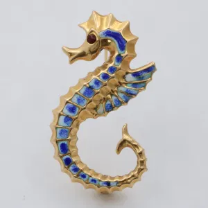 Vintage Enamel and 18K Gold Seahorse Pin