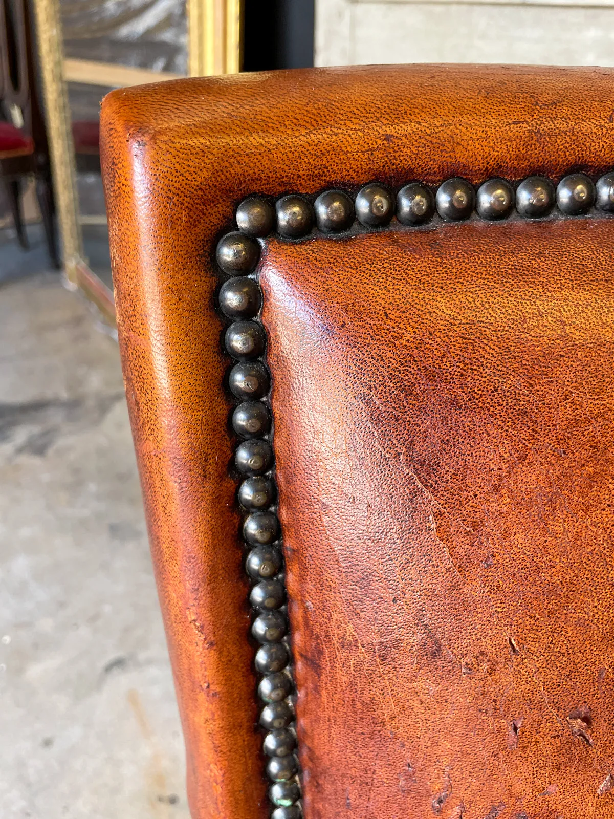 Vintage European Leather Club Chair with Brass Nailhead Detail