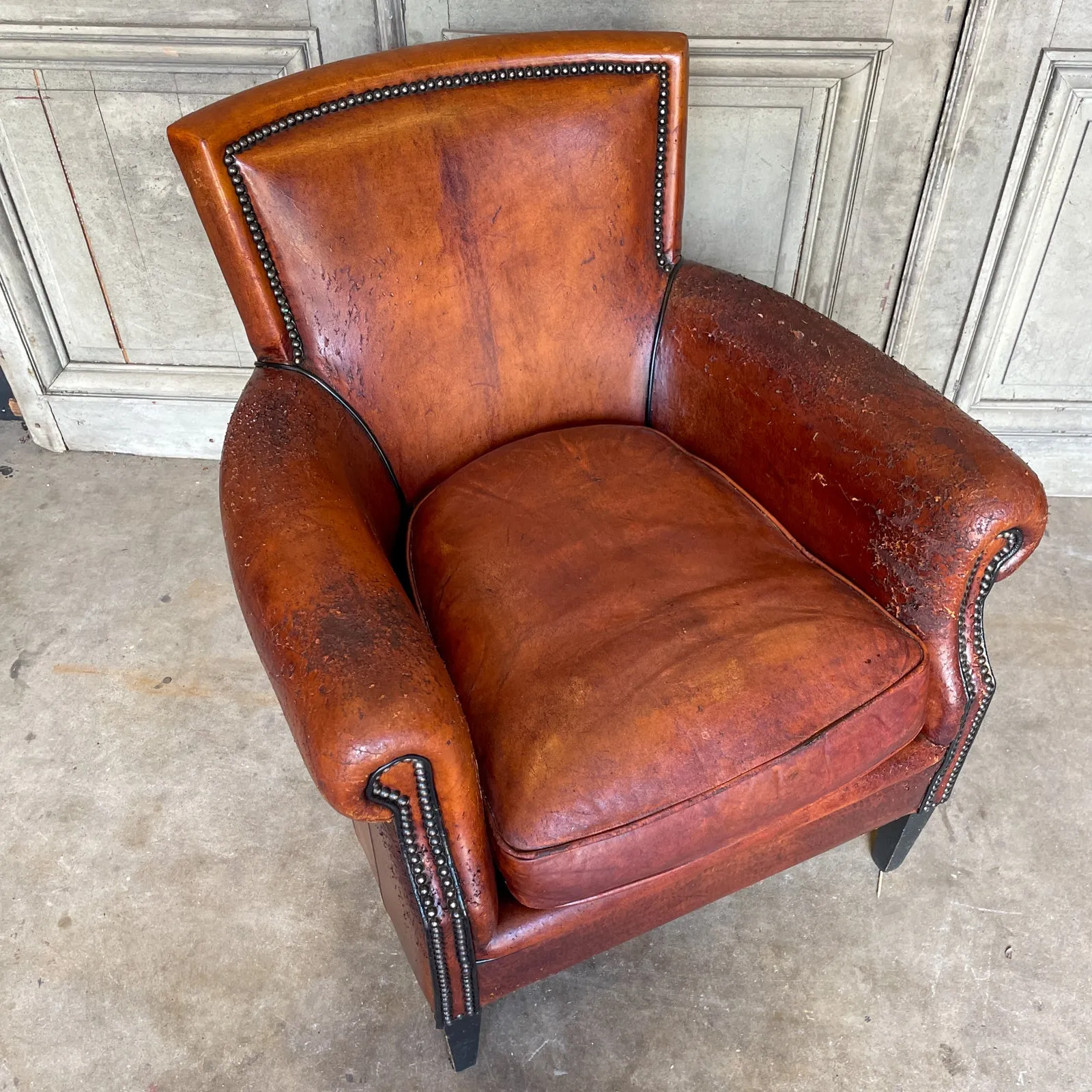 Vintage European Leather Club Chair with Brass Nailhead Detail