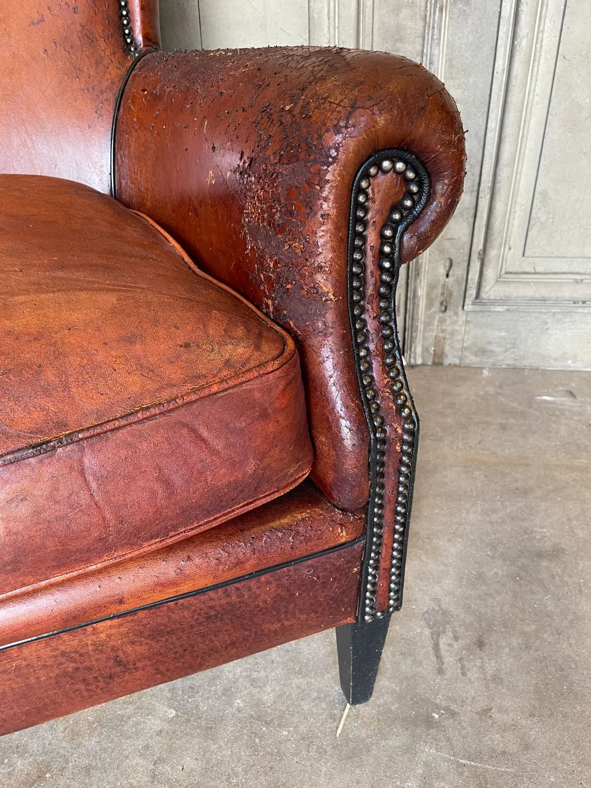 Vintage European Leather Club Chair with Brass Nailhead Detail