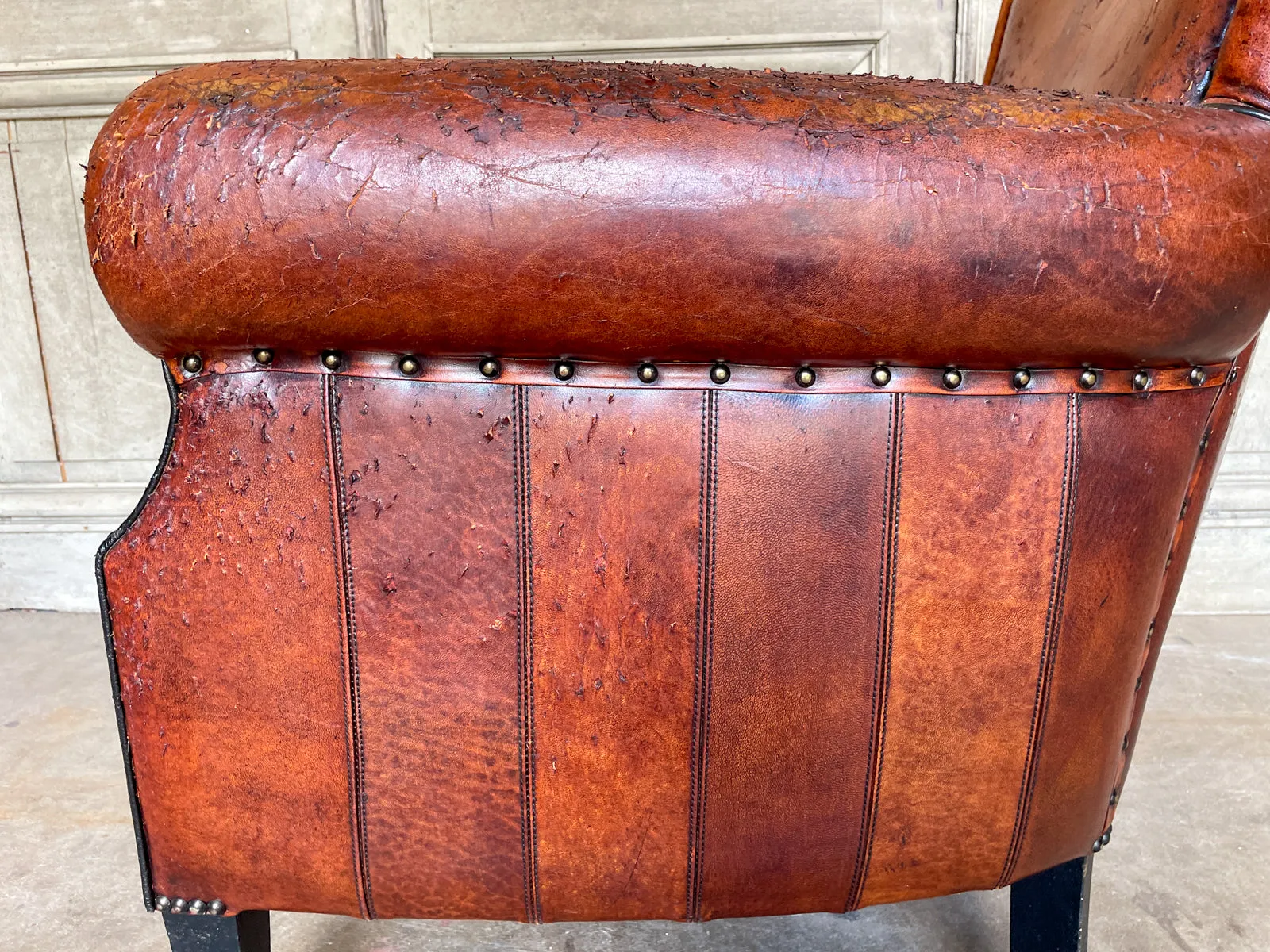Vintage European Leather Club Chair with Brass Nailhead Detail