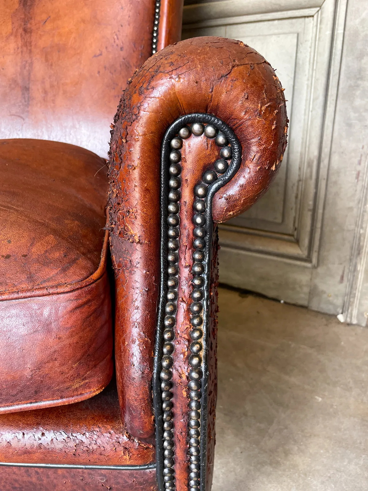 Vintage European Leather Club Chair with Brass Nailhead Detail