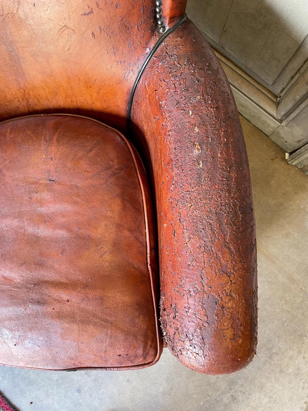 Vintage European Leather Club Chair with Brass Nailhead Detail