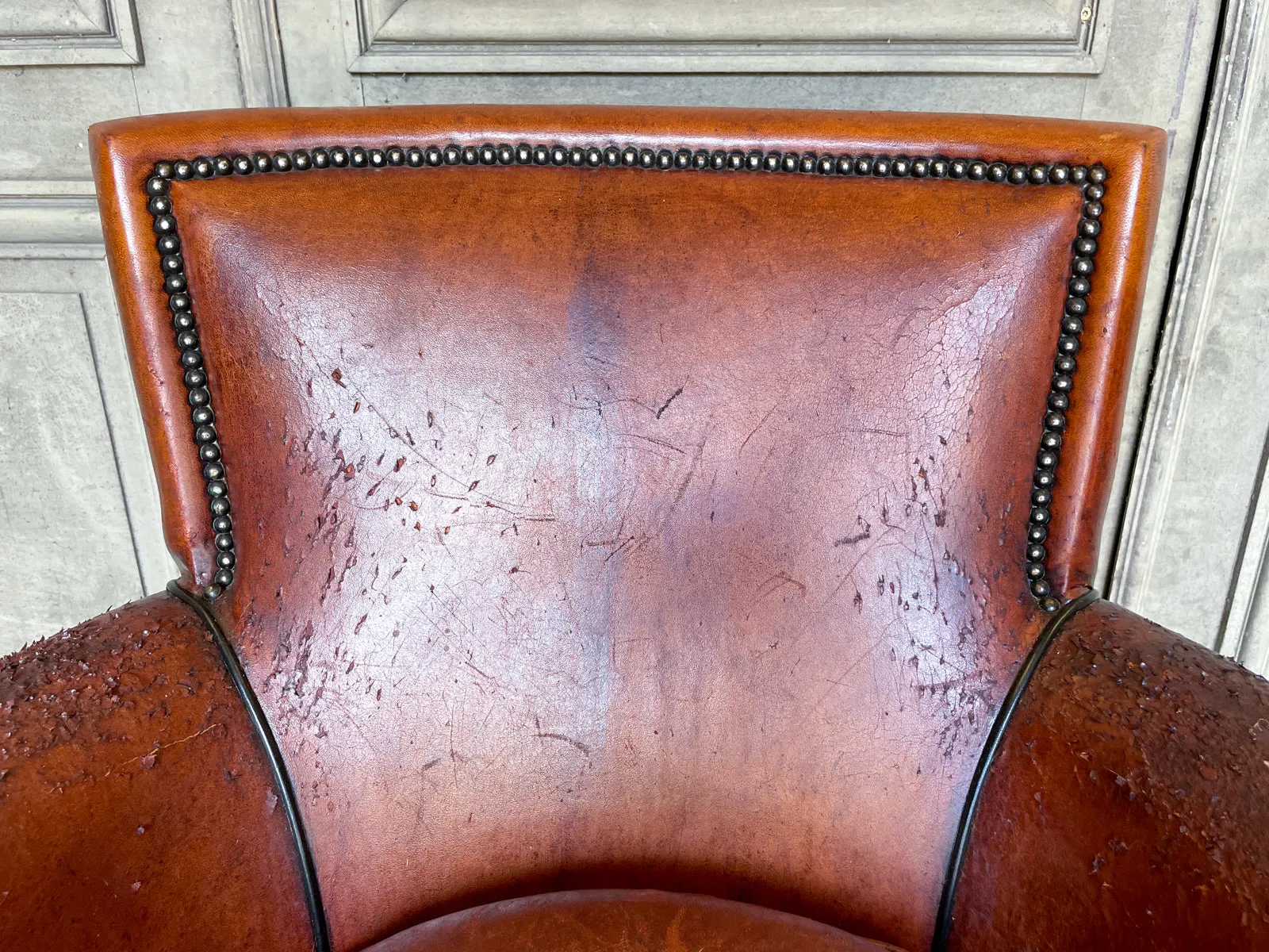 Vintage European Leather Club Chair with Brass Nailhead Detail