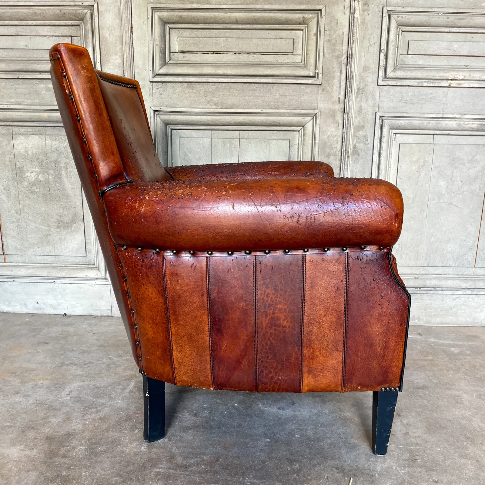 Vintage European Leather Club Chair with Brass Nailhead Detail