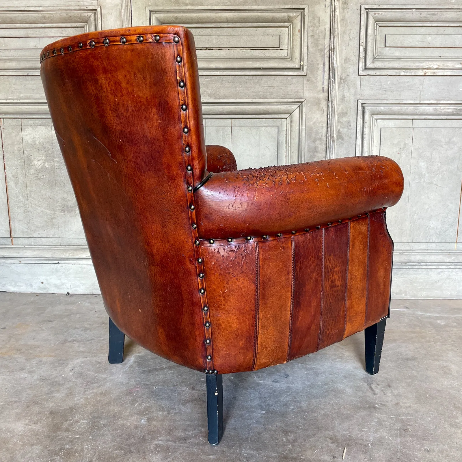 Vintage European Leather Club Chair with Brass Nailhead Detail