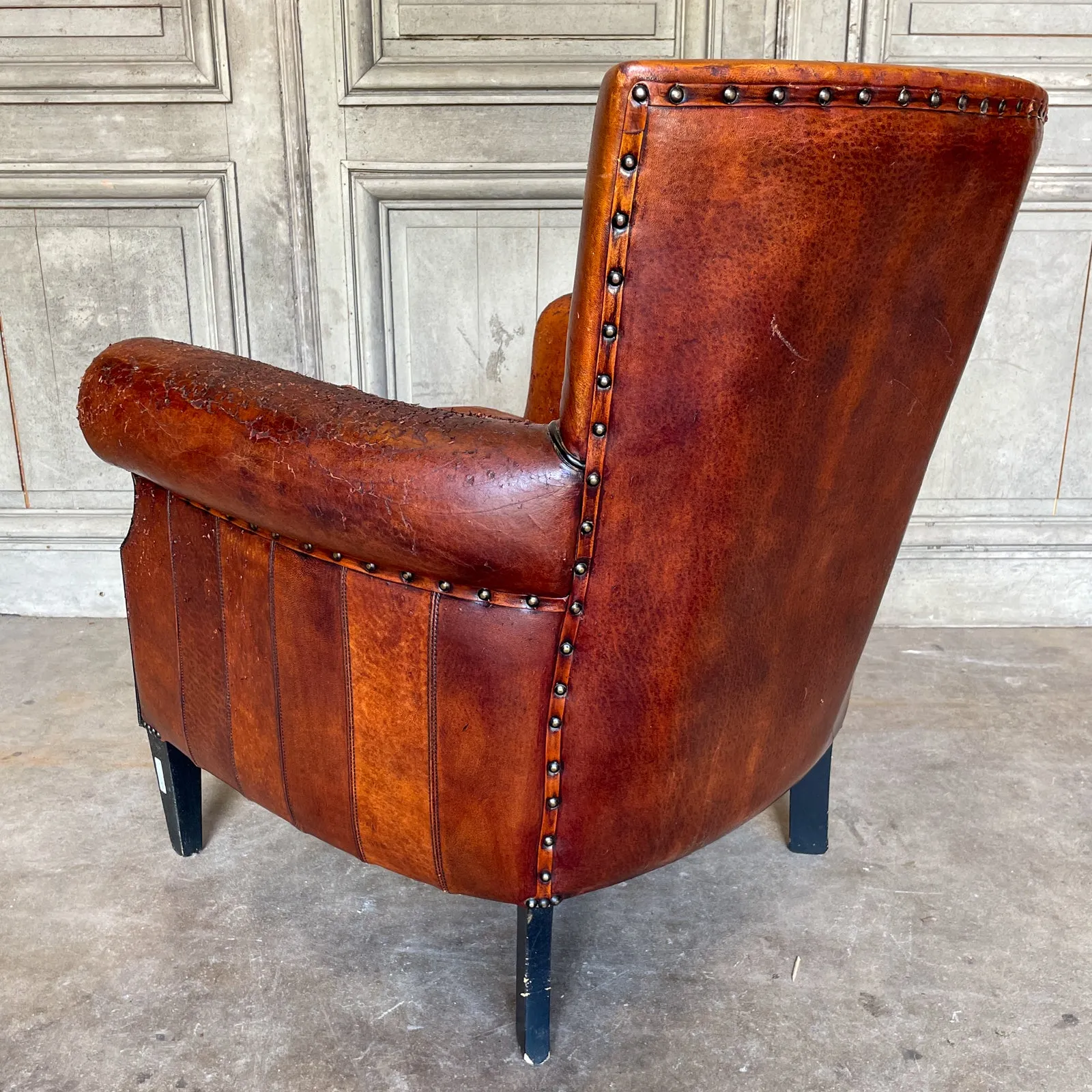 Vintage European Leather Club Chair with Brass Nailhead Detail