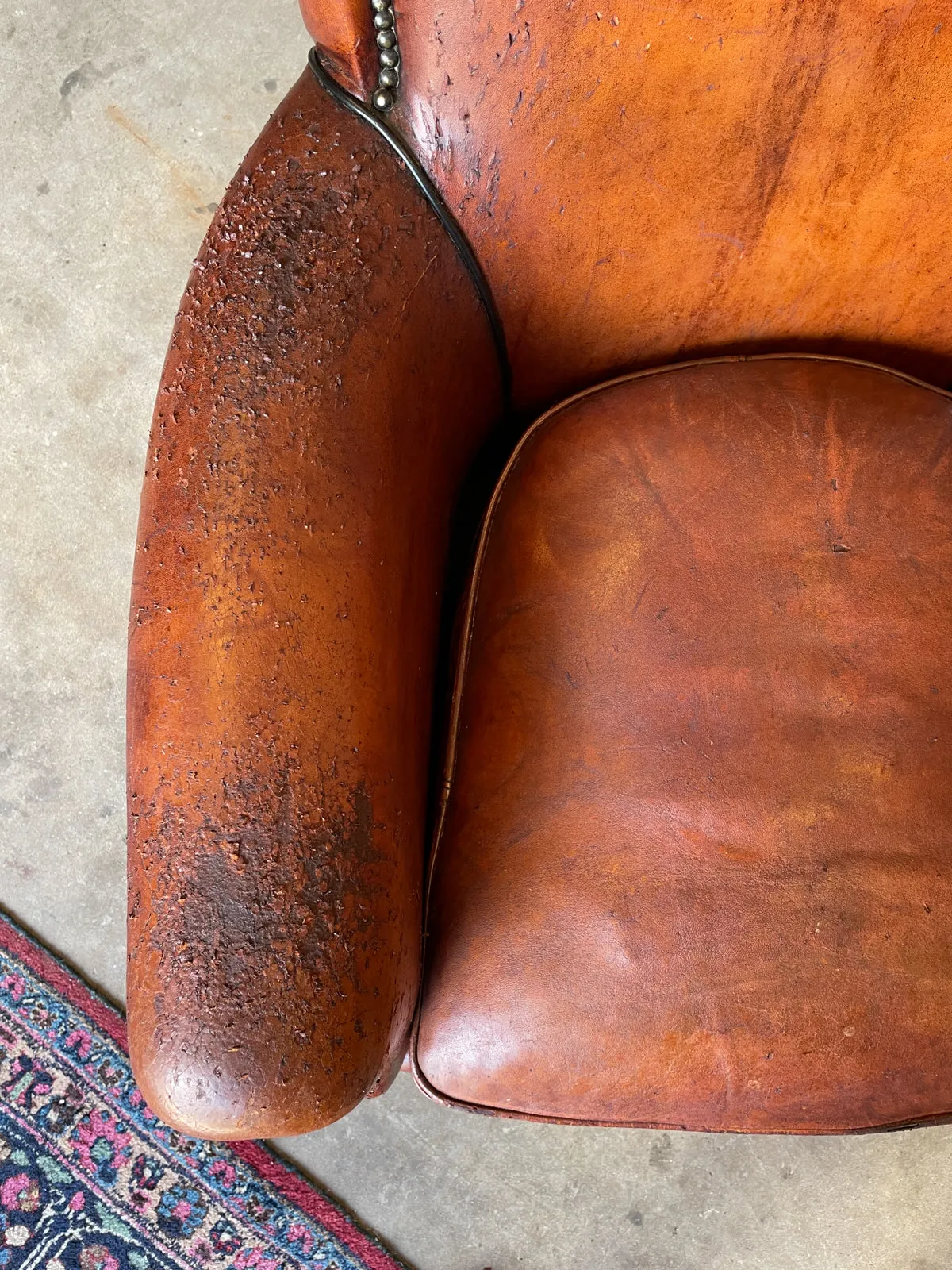 Vintage European Leather Club Chair with Brass Nailhead Detail