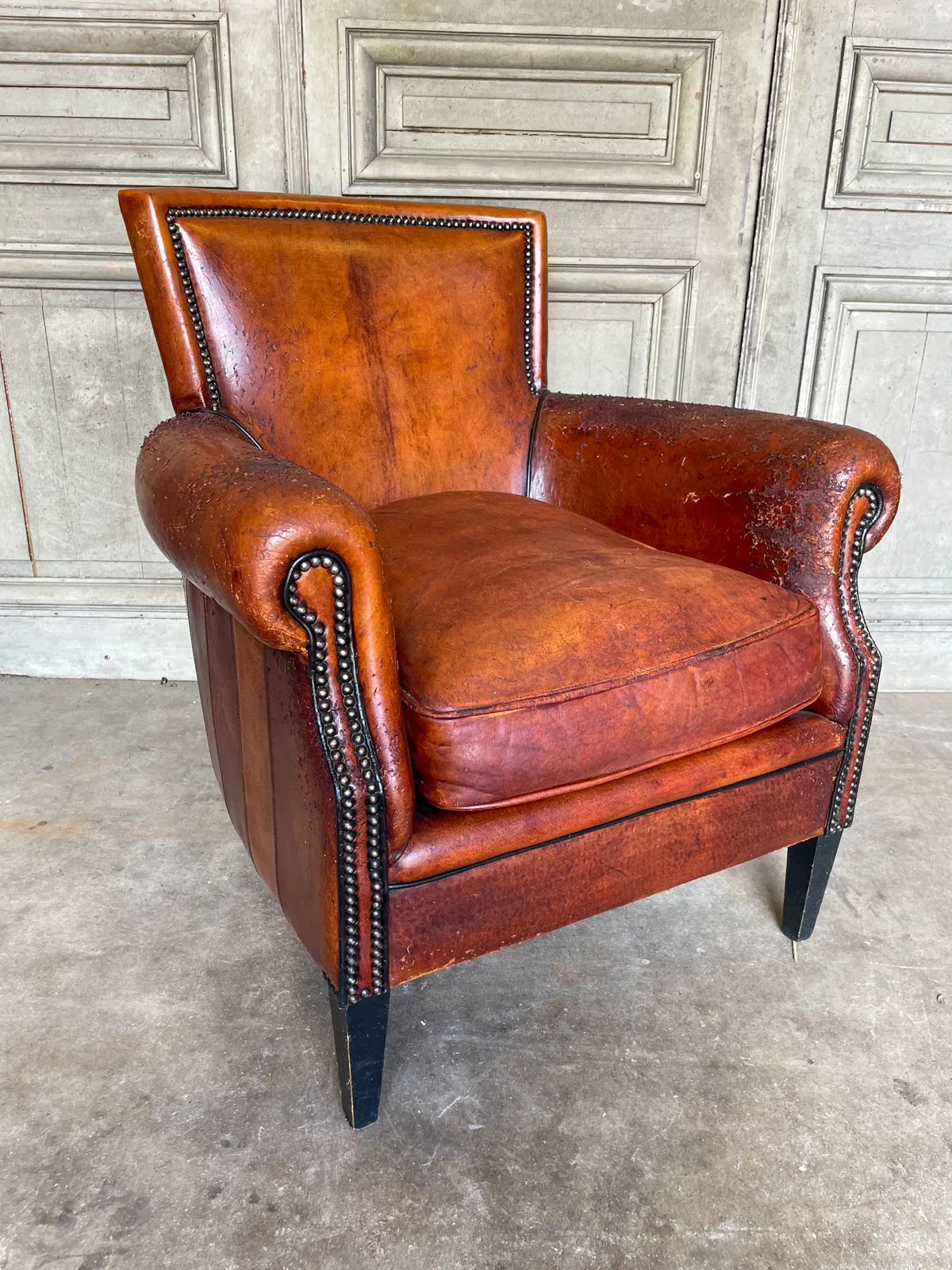 Vintage European Leather Club Chair with Brass Nailhead Detail